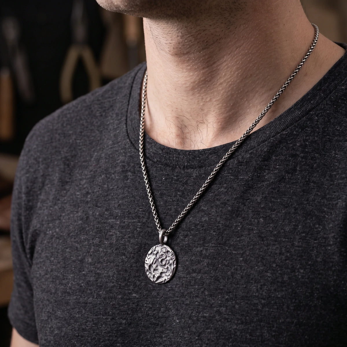 925 Sterling Silver Engravable Lunar Surface Moon Pendant With Cosmic Textured Edge