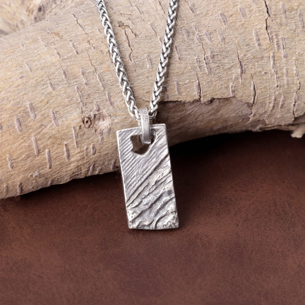 925 Sterling Silver Weathered Rock Tag Pendant Delivering Rugged Organic Texture