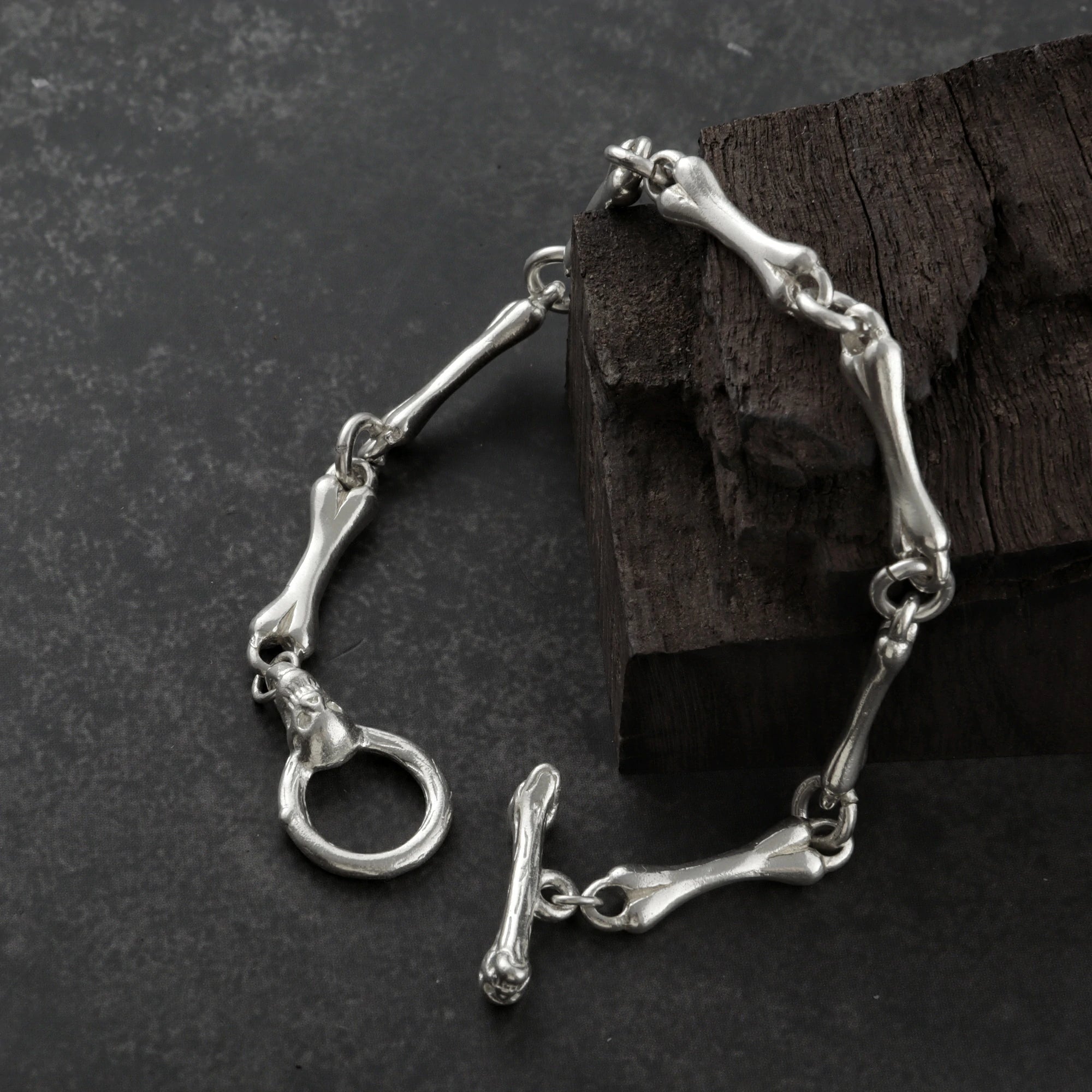 Gothic Bone Link Bracelet, 925 Sterling Silver Skeleton Skull Toggle Clasp Wristband