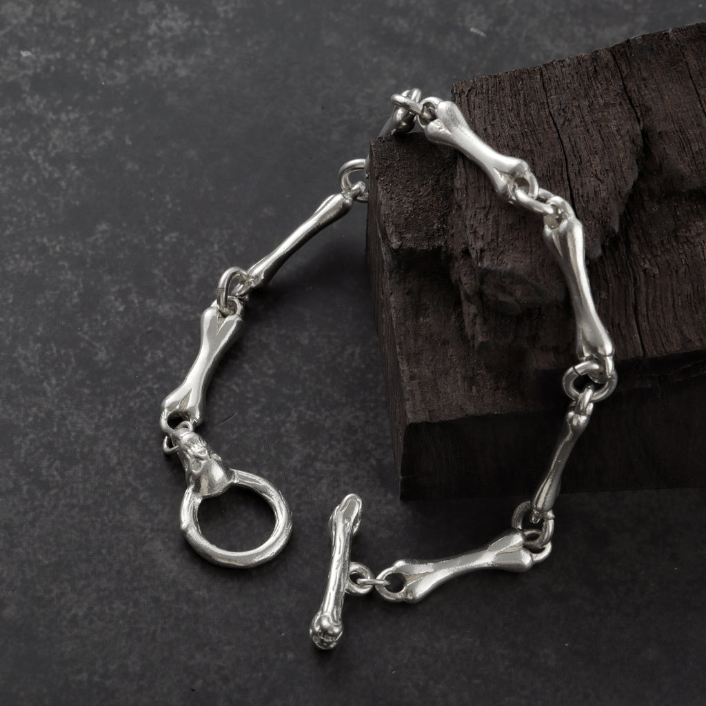 Gothic Anatomy Bone Link Bracelet, 925 Sterling Silver Skeleton Skull Toggle Clasp Wristband for Men and Women