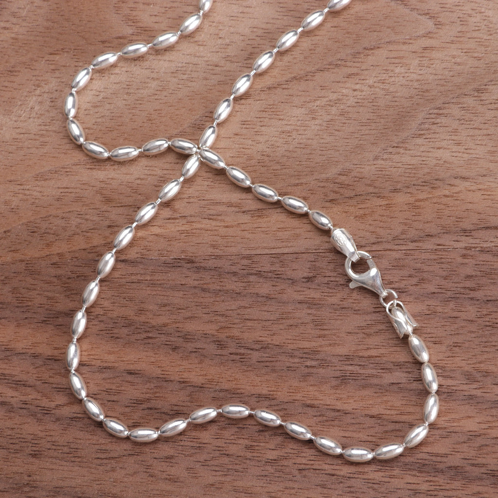 Women's 925 Sterling Silver Oval Rice Bead Chain Necklace