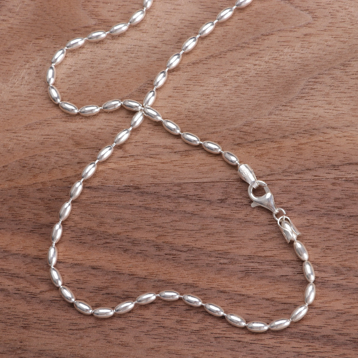 Women's 925 Sterling Silver Oval Rice Bead Chain Necklace