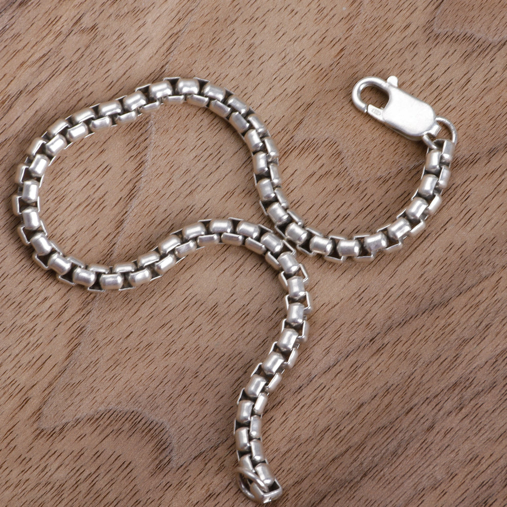 925 Sterling Silver Classic Box Chain Bracelet, Unisex Round Venetian Link Jewelry