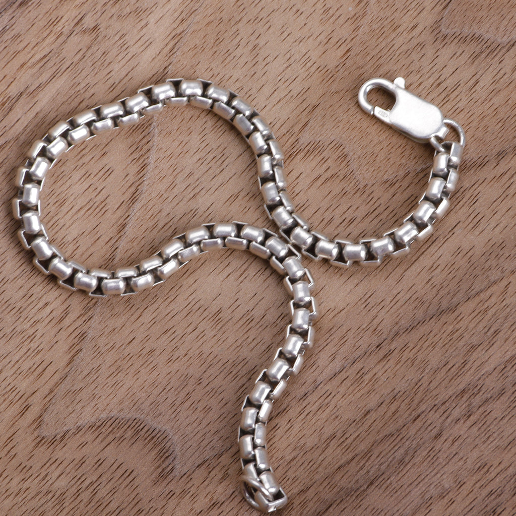 925 Sterling Silver Classic Box Chain Bracelet, Unisex Round Venetian Link Jewelry