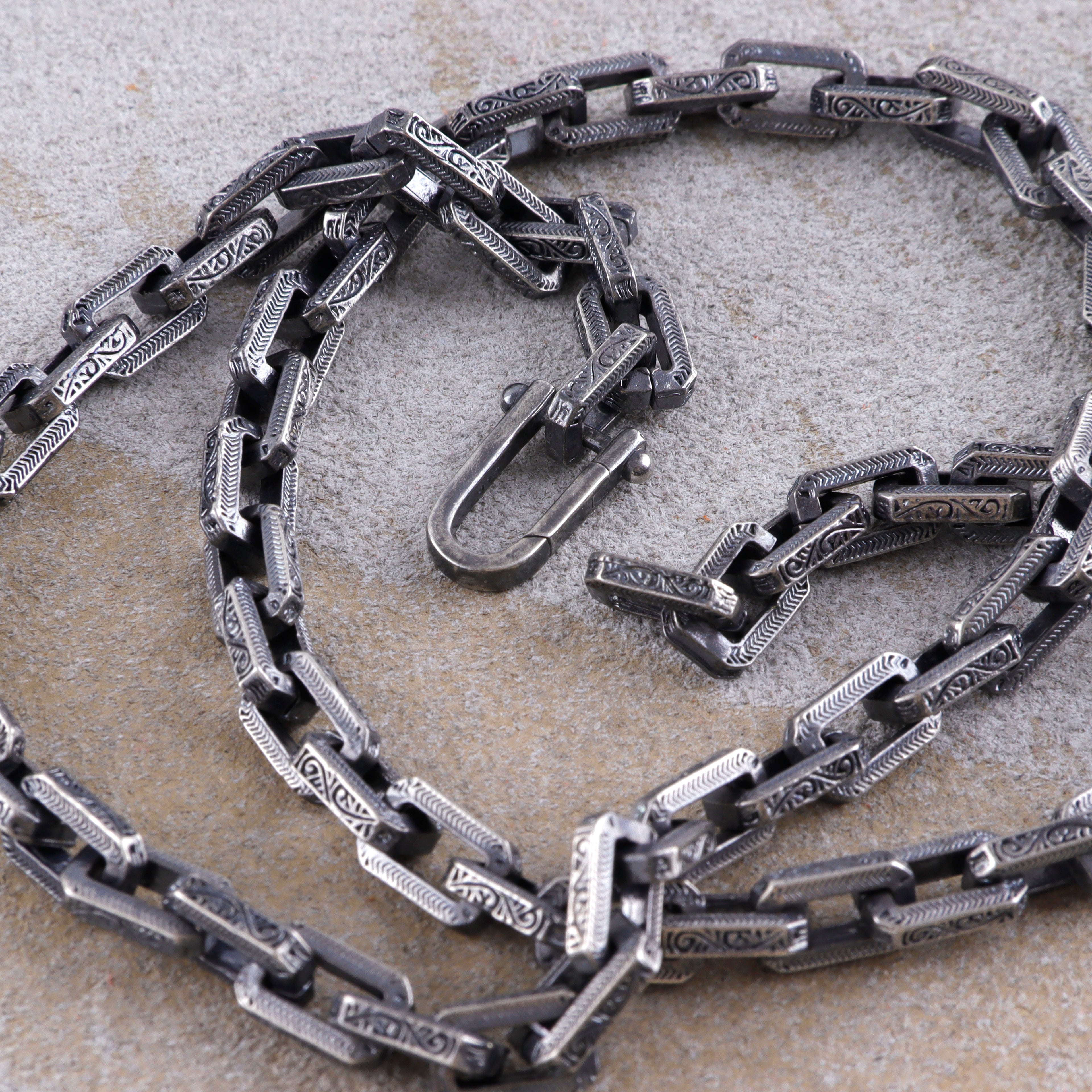 Men's Engraved Rectangle Link Chain • Oxidized Silver Necklace