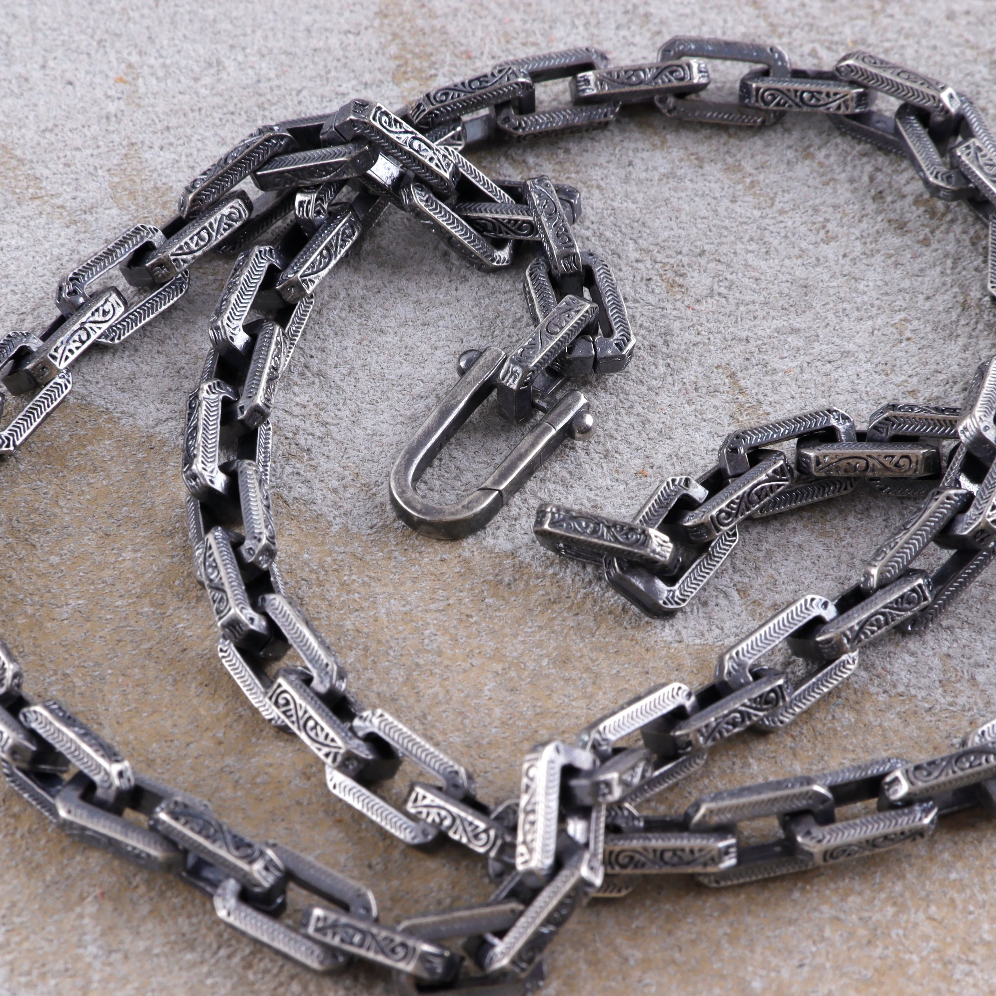 Men's Engraved Rectangle Link Chain • Oxidized 925 Sterling Silver Necklace