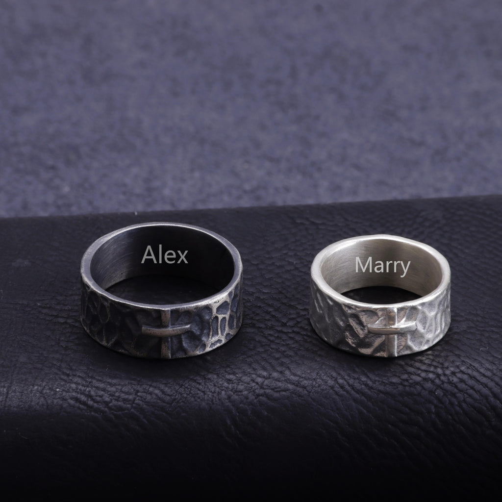 Personalized Hammered Cross Matching Couple Rings, Custom Engraved Textured Wedding Bands for Him & Her, Secret Inner Engraving Promise Rings