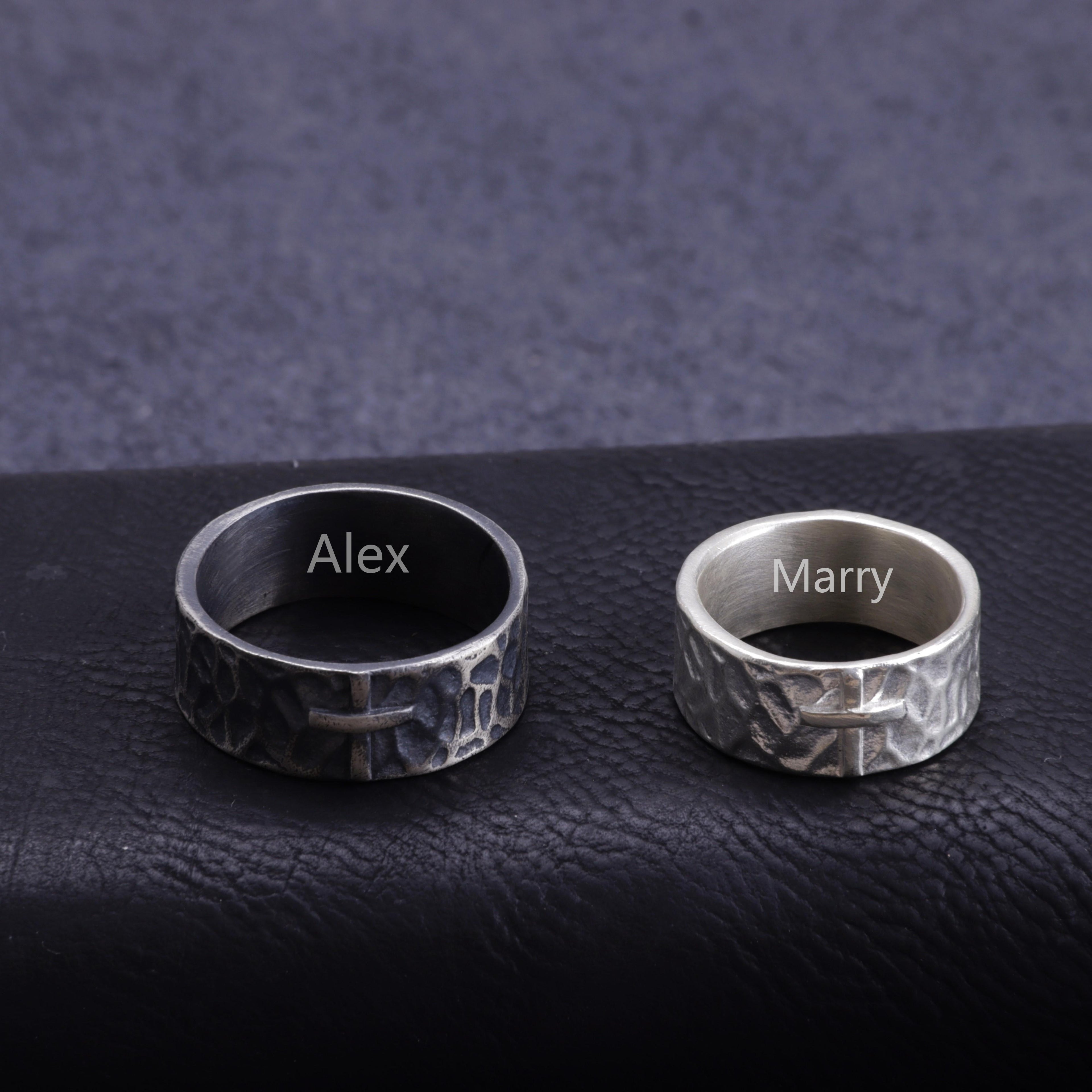 Personalized Hammered Cross Matching Couple Rings, Custom Engraved Textured Wedding Bands for Him & Her, Secret Inner Engraving Promise Rings