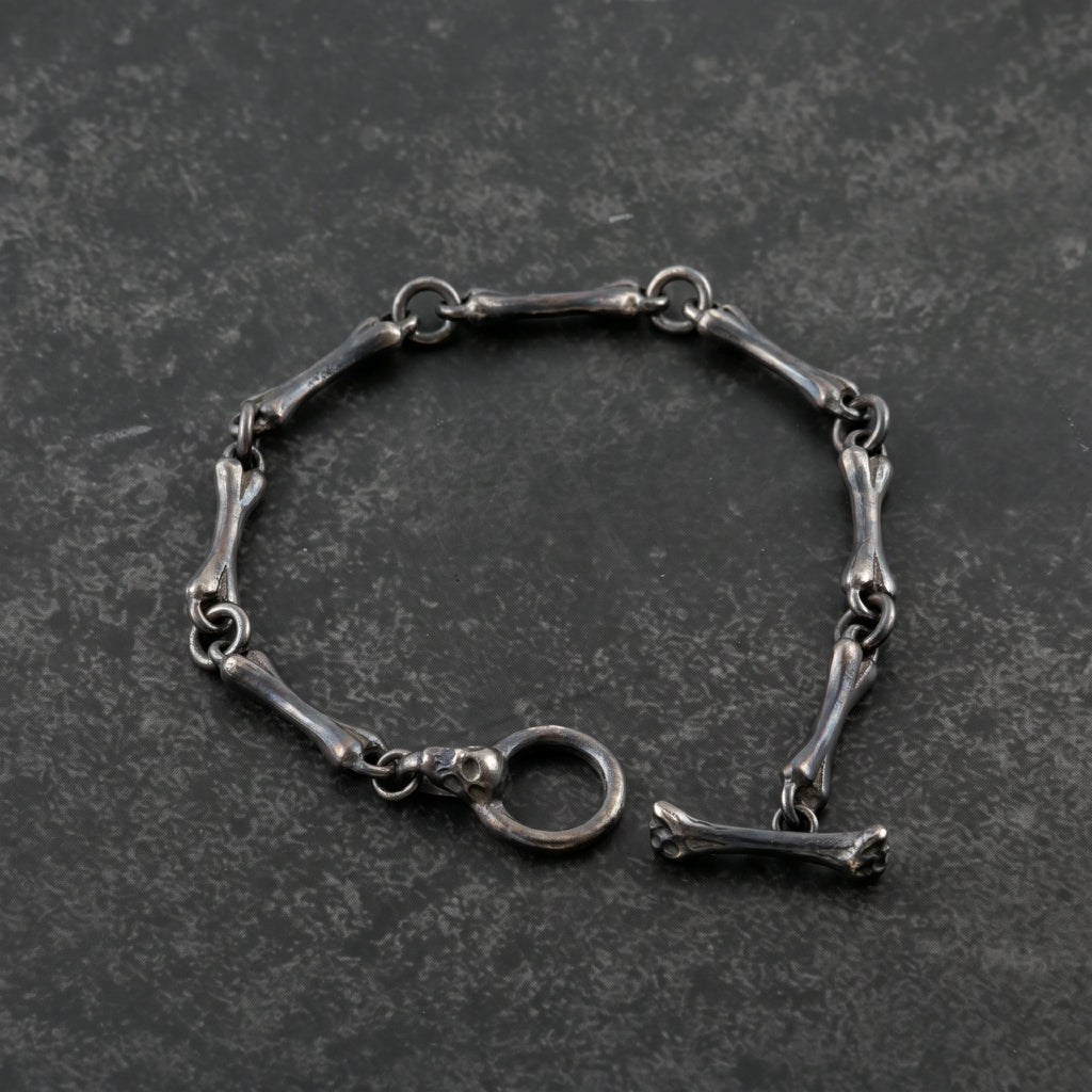 Gothic Bone Link Bracelet, 925 Sterling Silver Skeleton Skull Toggle Clasp Wristband
