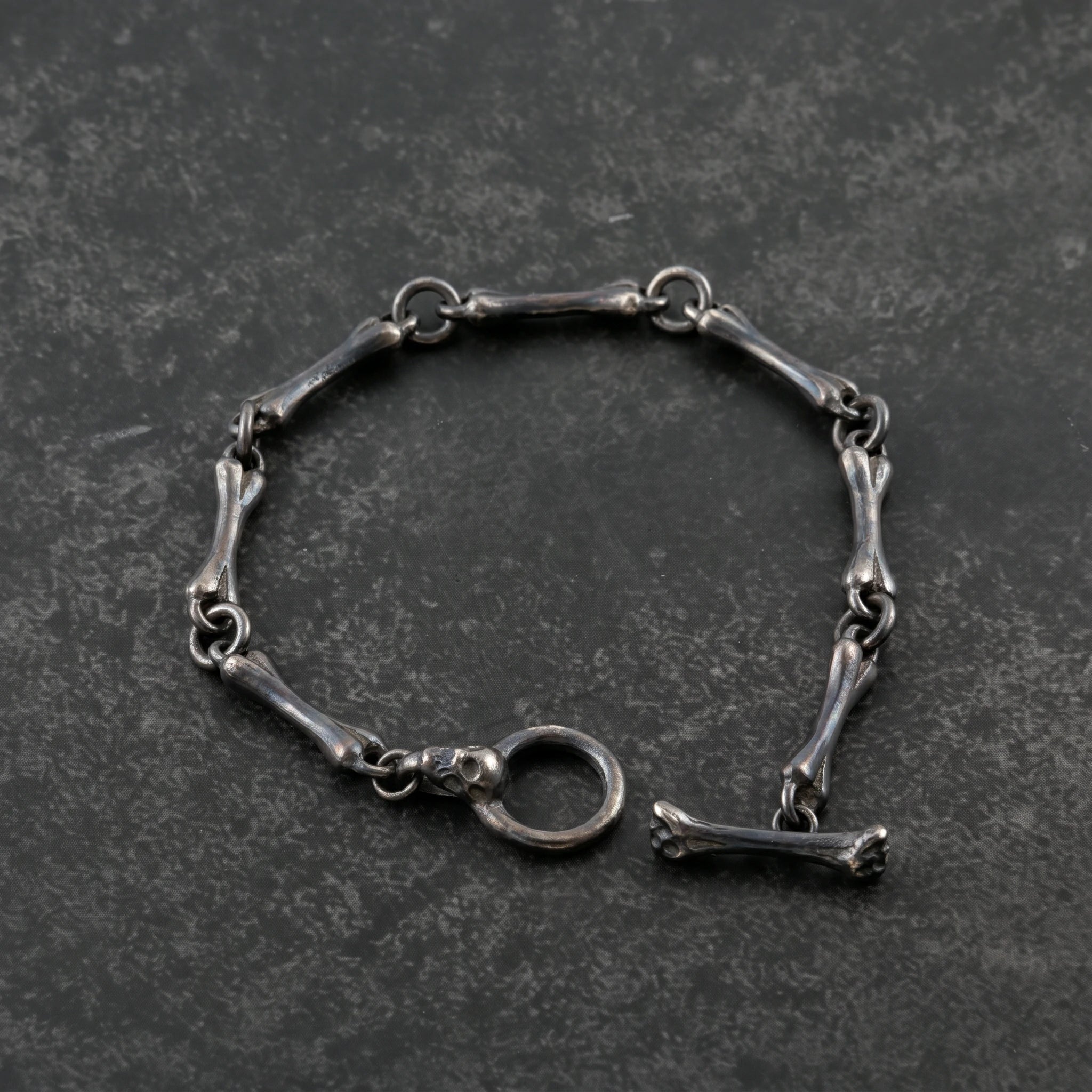 Gothic Bone Link Bracelet, 925 Sterling Silver Skeleton Skull Toggle Clasp Wristband
