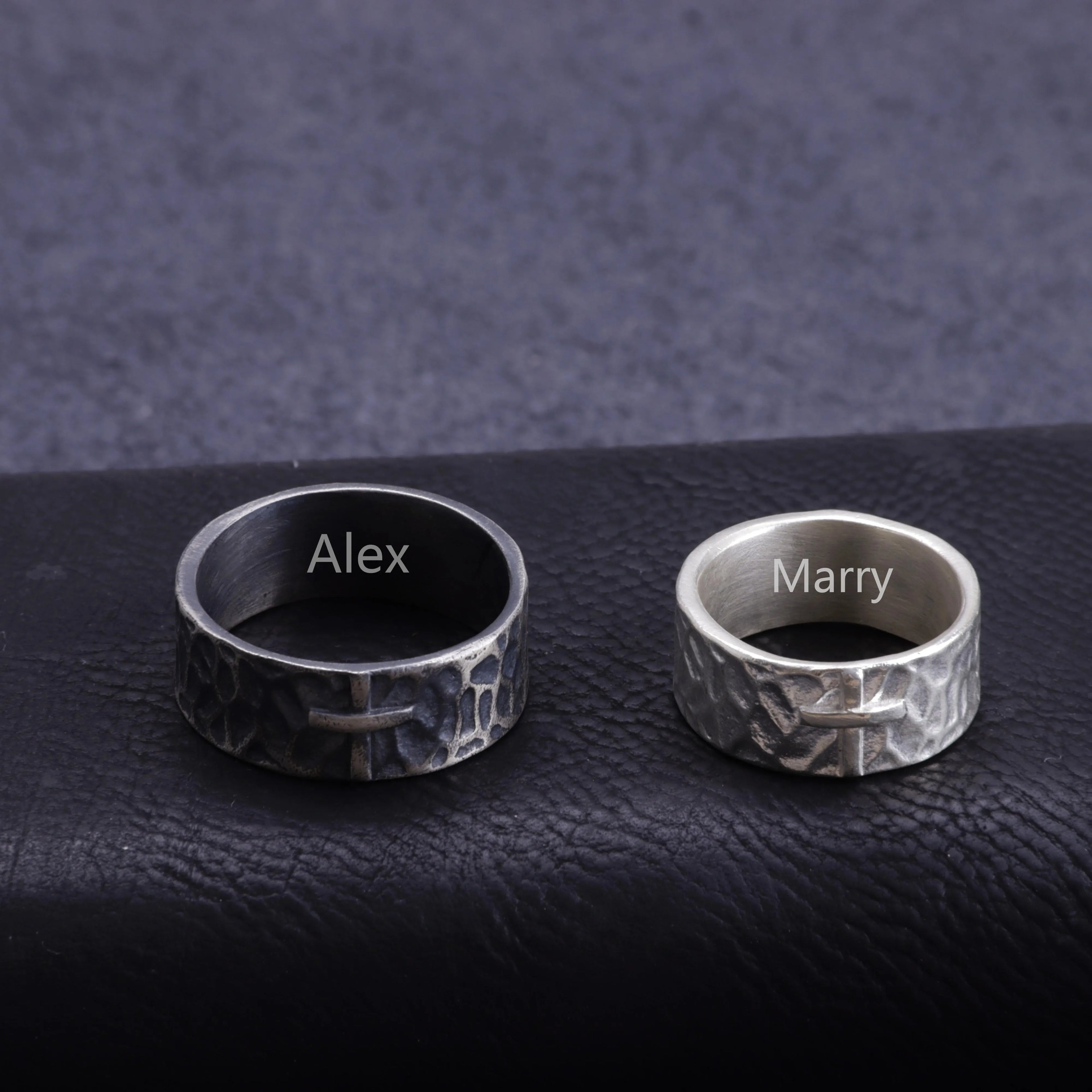 925 Sterling Silver Hammered Cross Matching Couple Rings, Custom Engraved Textured Wedding Bands for Him & Her, Promise Ring