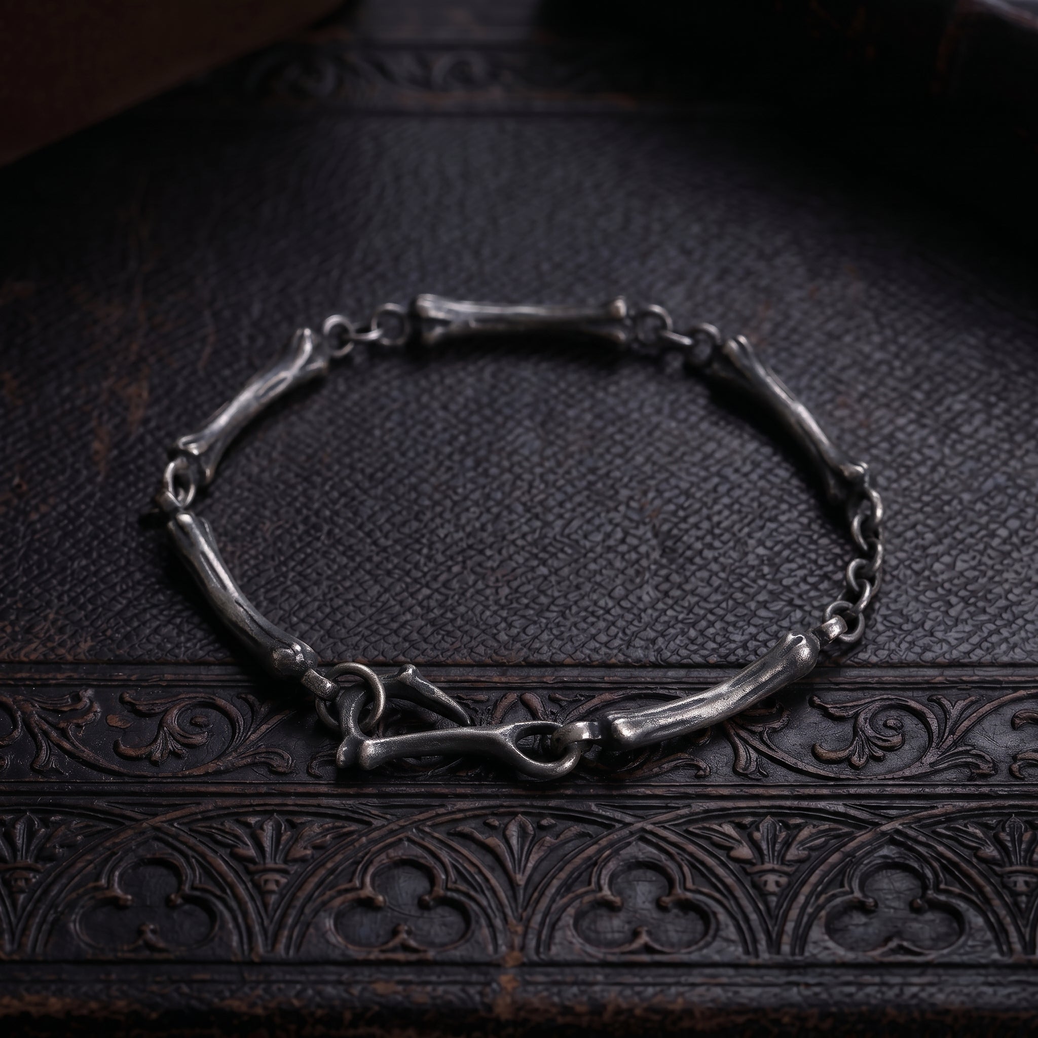 925 Sterling Silver Skeleton Bone Link Bracelet, Dark Mythic Bone Hook Clasp Minimalist Wristband