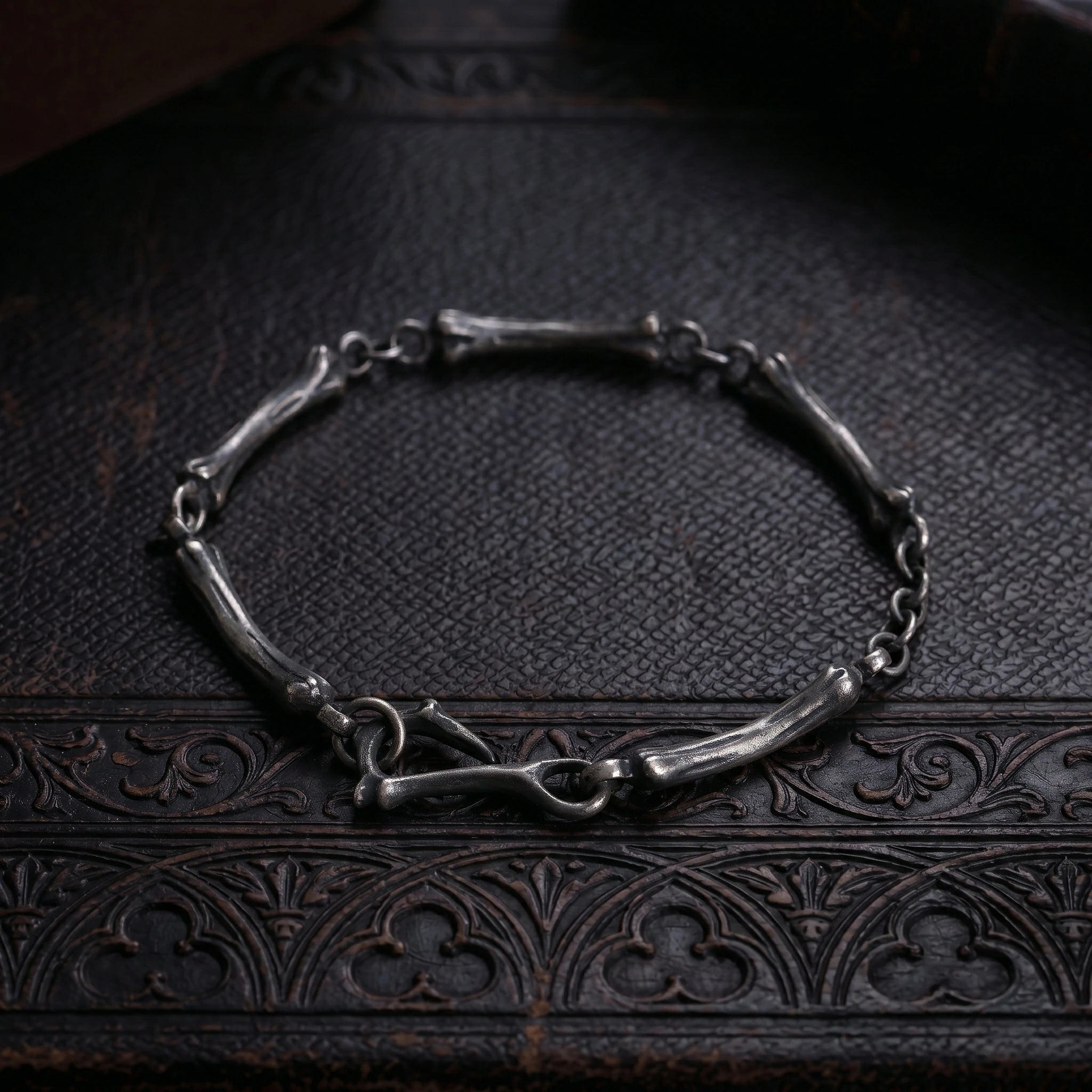 925 Sterling Silver Skeleton Bone Link Bracelet, Dark Mythic Bone Hook Clasp Minimalist Wristband