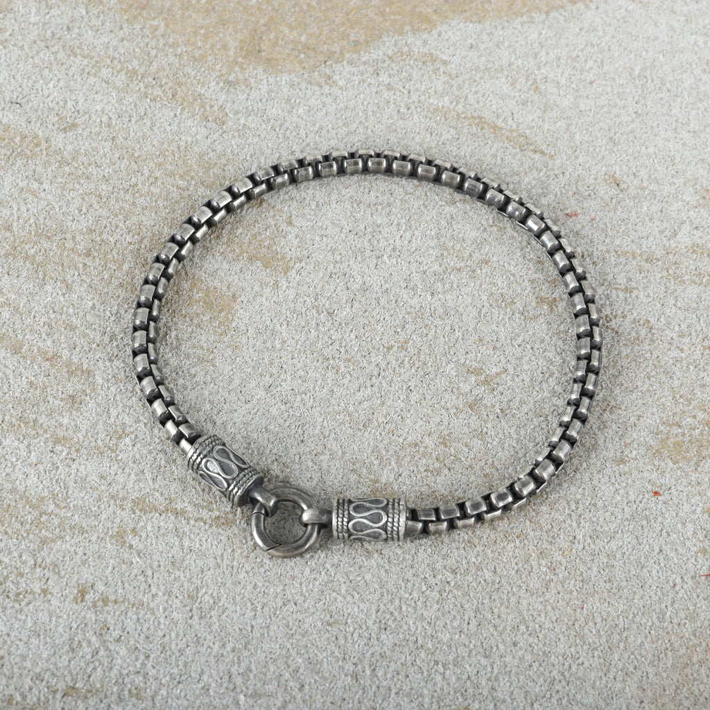 Balinese Totem Box Chain Bracelet, 925 Sterling Silver Ornate End Cap Wristband