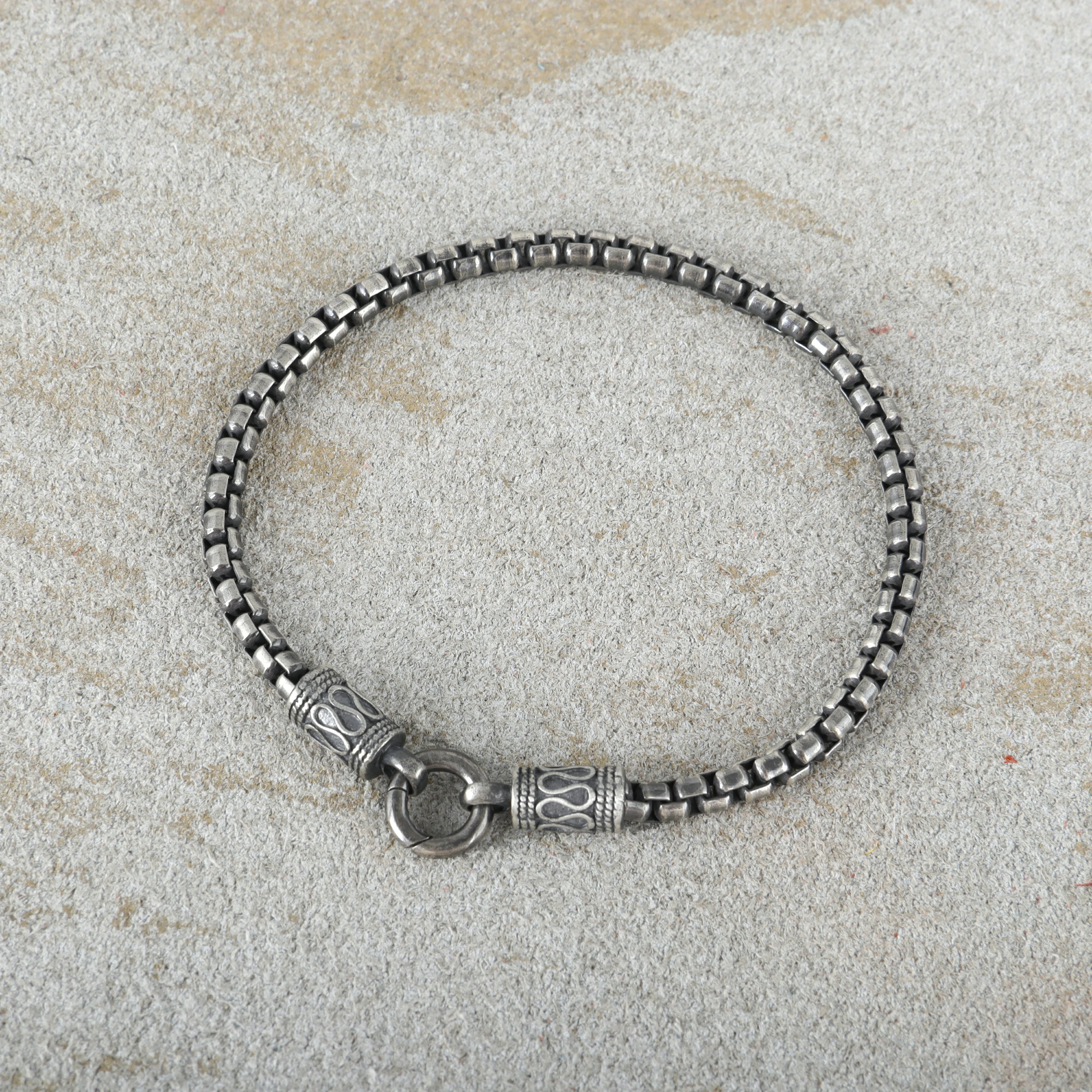 Balinese Totem Box Chain Bracelet, 925 Sterling Silver Ornate End Cap Wristband