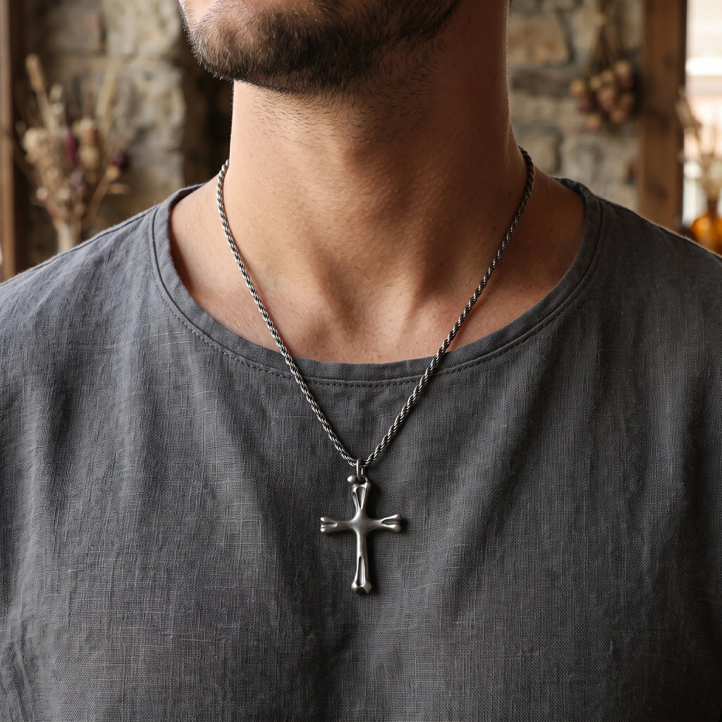 925 Sterling Silver Sculpted Skeletal Cross Durable Religious Pendant Necklace