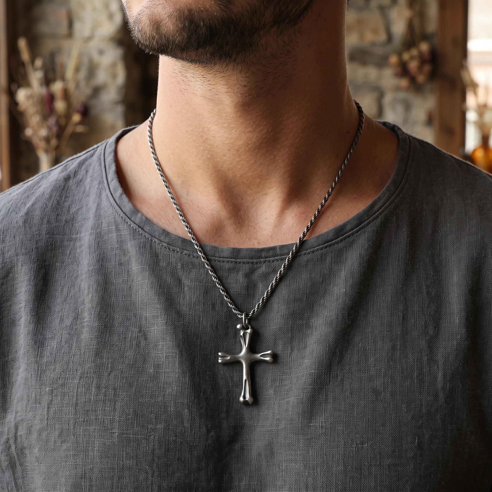 925 Sterling Silver Sculpted Skeletal Cross Durable Religious Pendant Necklace