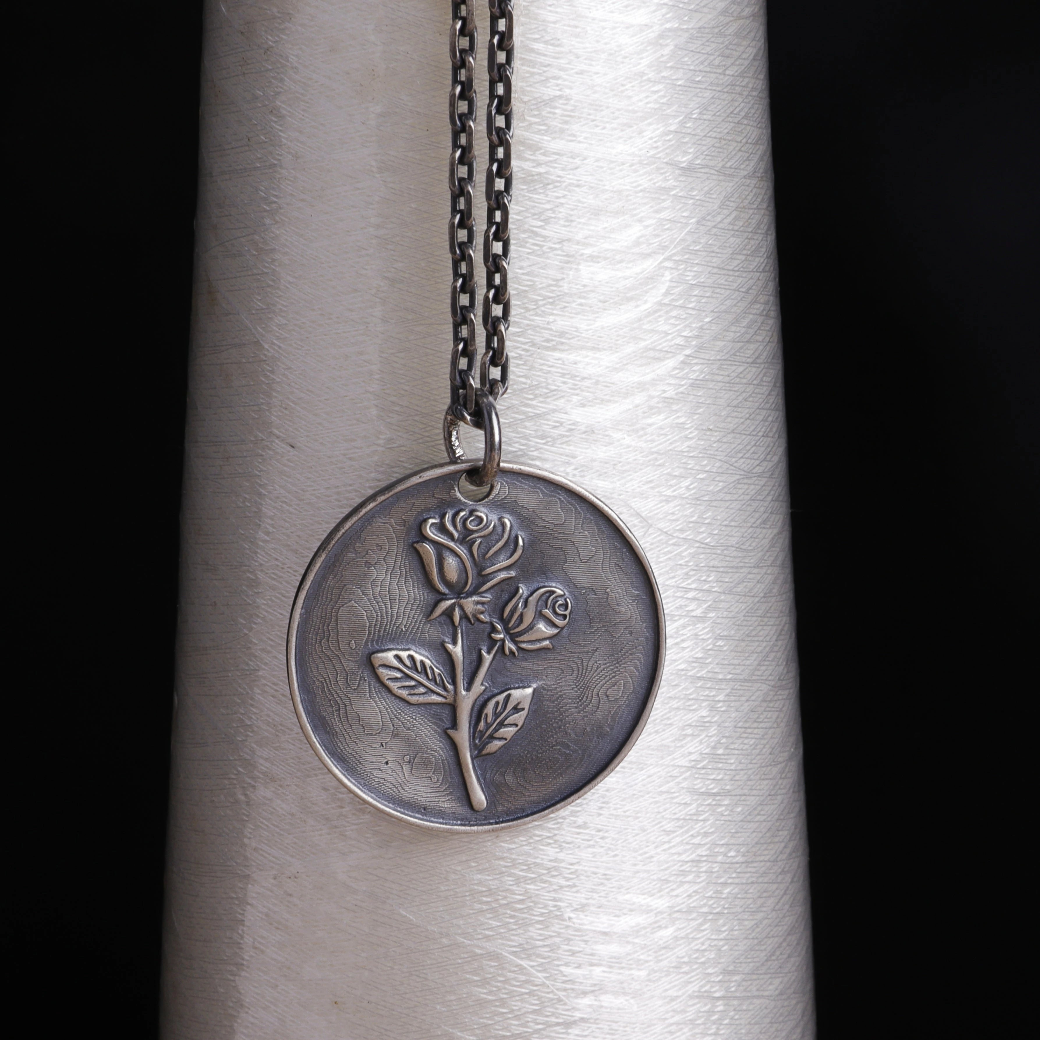 925 Sterling Silver Rose Pendant Necklace, Engravable Personalized Floral Medallion