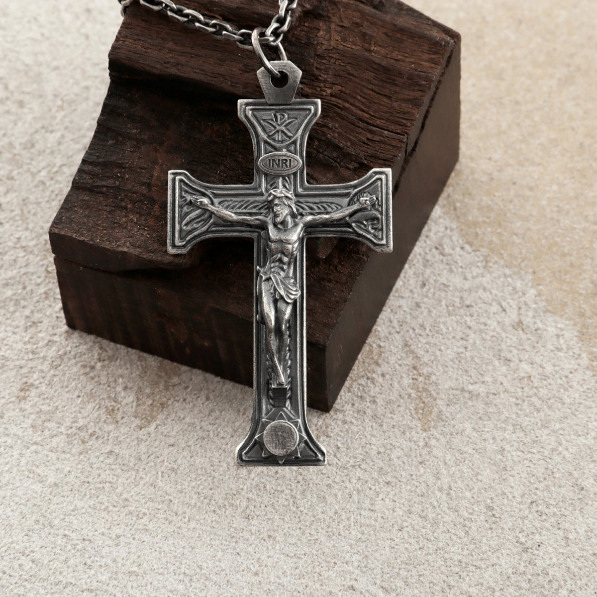 Sacred Chi-Rho Crucifix Pendant, Engravable 925 Sterling Silver Holy Christ Faith Cross