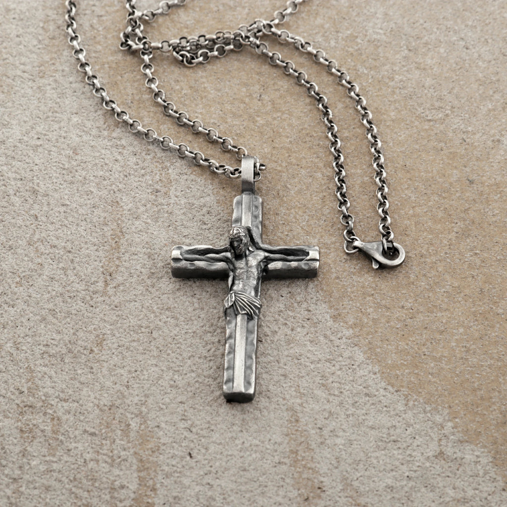 Sacred Jesus Crucifix Pendant, Engravable Solid 925 Sterling Silver Christian Faith Cross Necklace