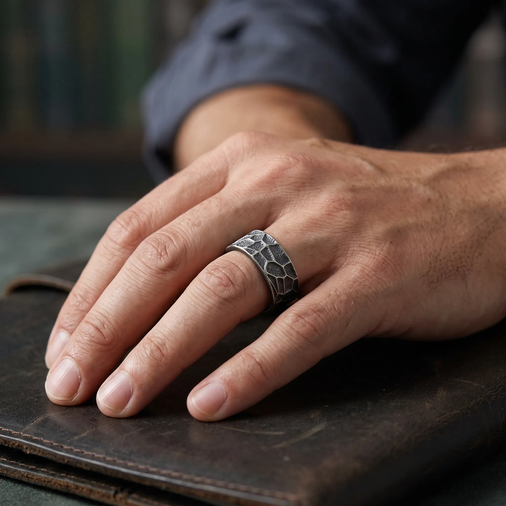 Personalized Textured Solid 925 Sterling Silver Ring, Engraved Rustic Band for Men