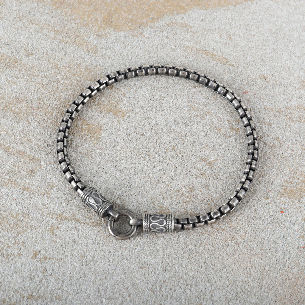 Balinese Totem Box Chain Bracelet, Premium 925 Sterling Silver Ornate End Cap Wristband