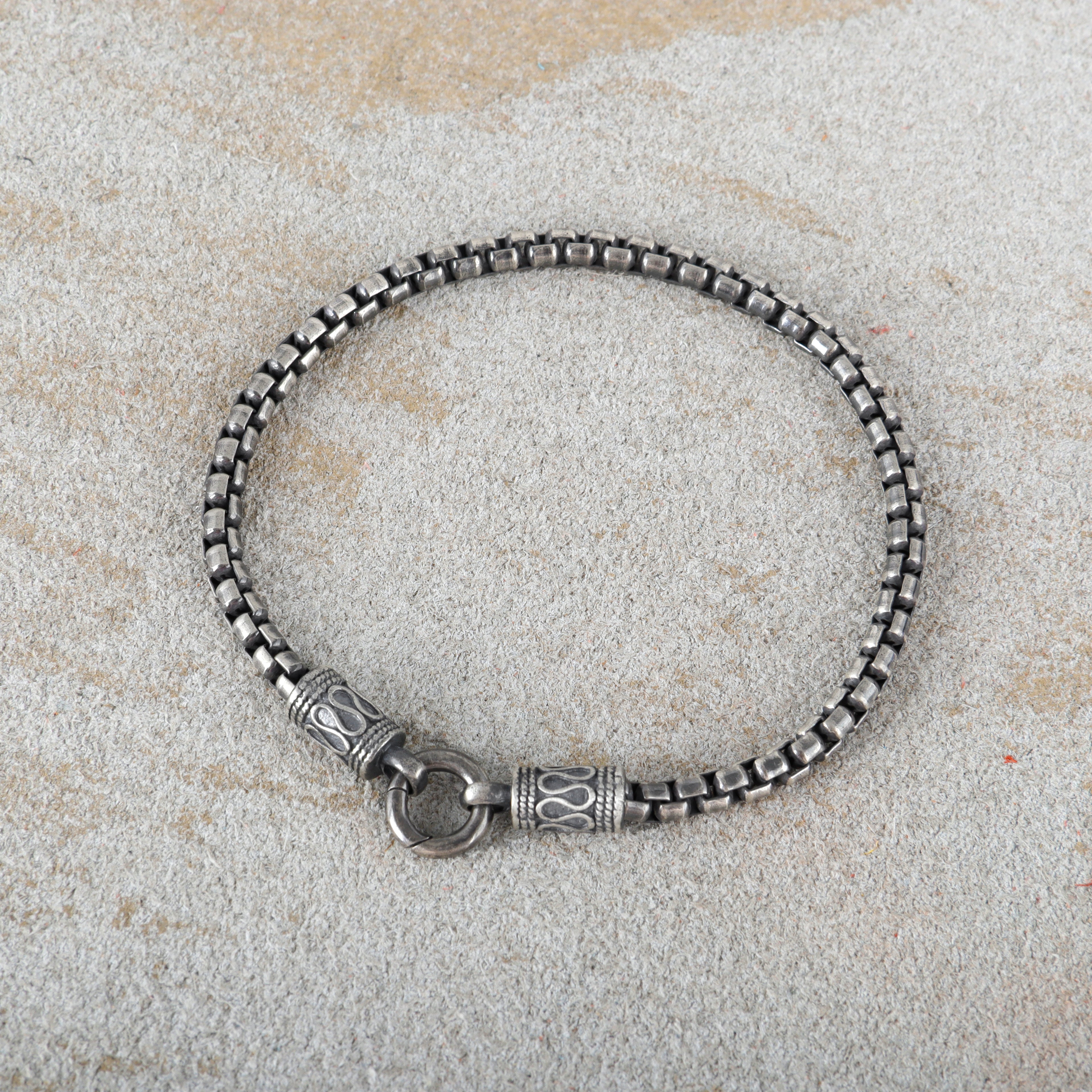 Balinese Totem Box Chain Bracelet, Premium 925 Sterling Silver Ornate End Cap Wristband