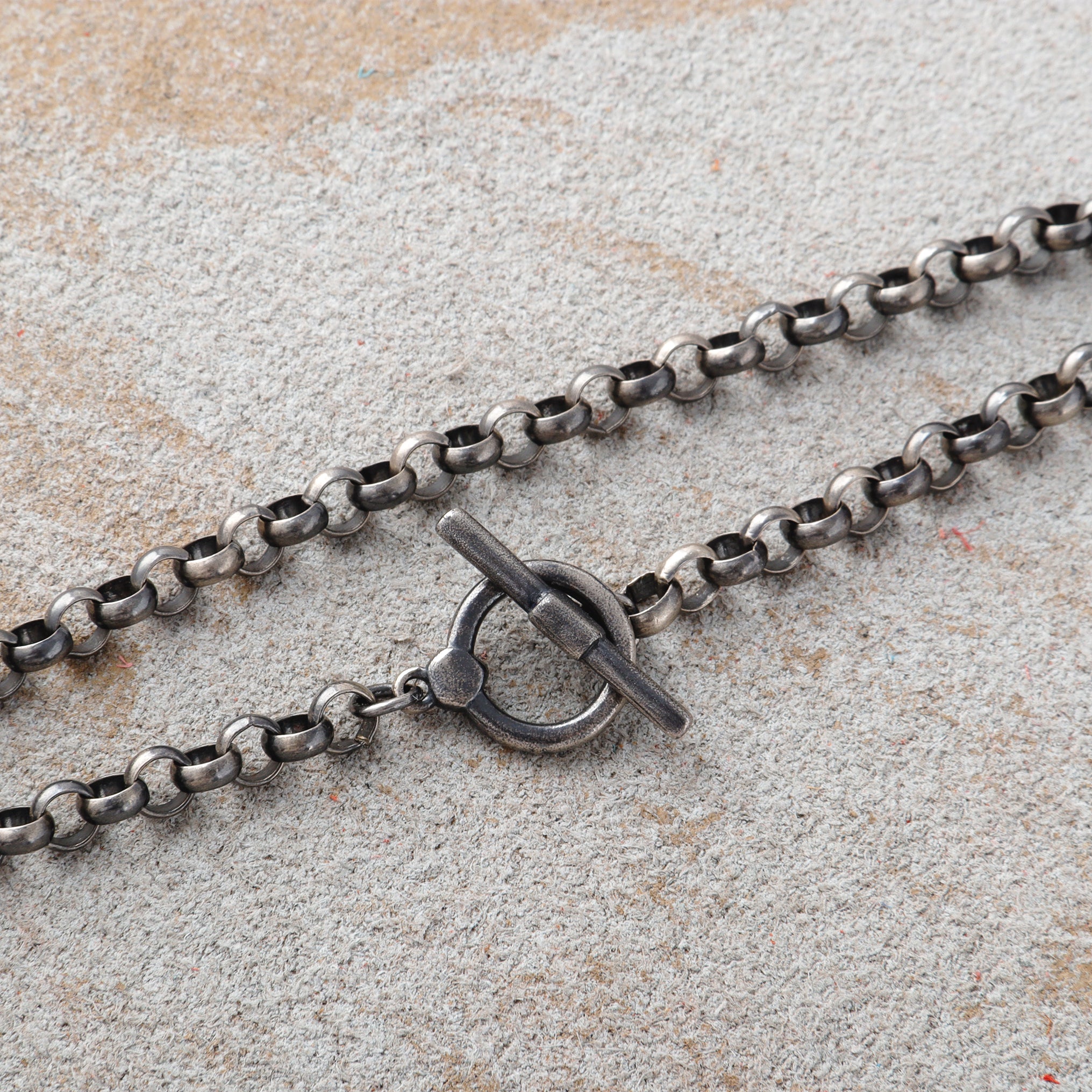 Modern Industrial Rolo Chain Bracelet, Oxidized 925 Sterling Silver Vintage Statement Wristband with Toggle Clasp