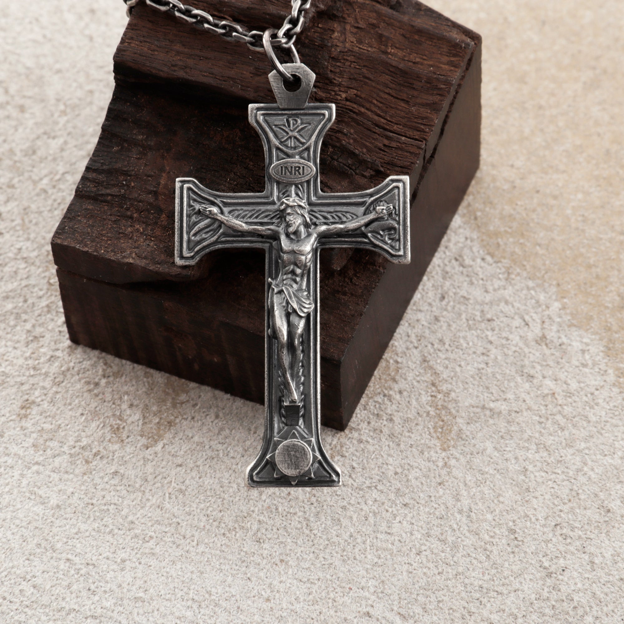 Sacred Chi-Rho Crucifix Pendant, Engravable 925 Sterling Silver Holy Christ Faith Cross