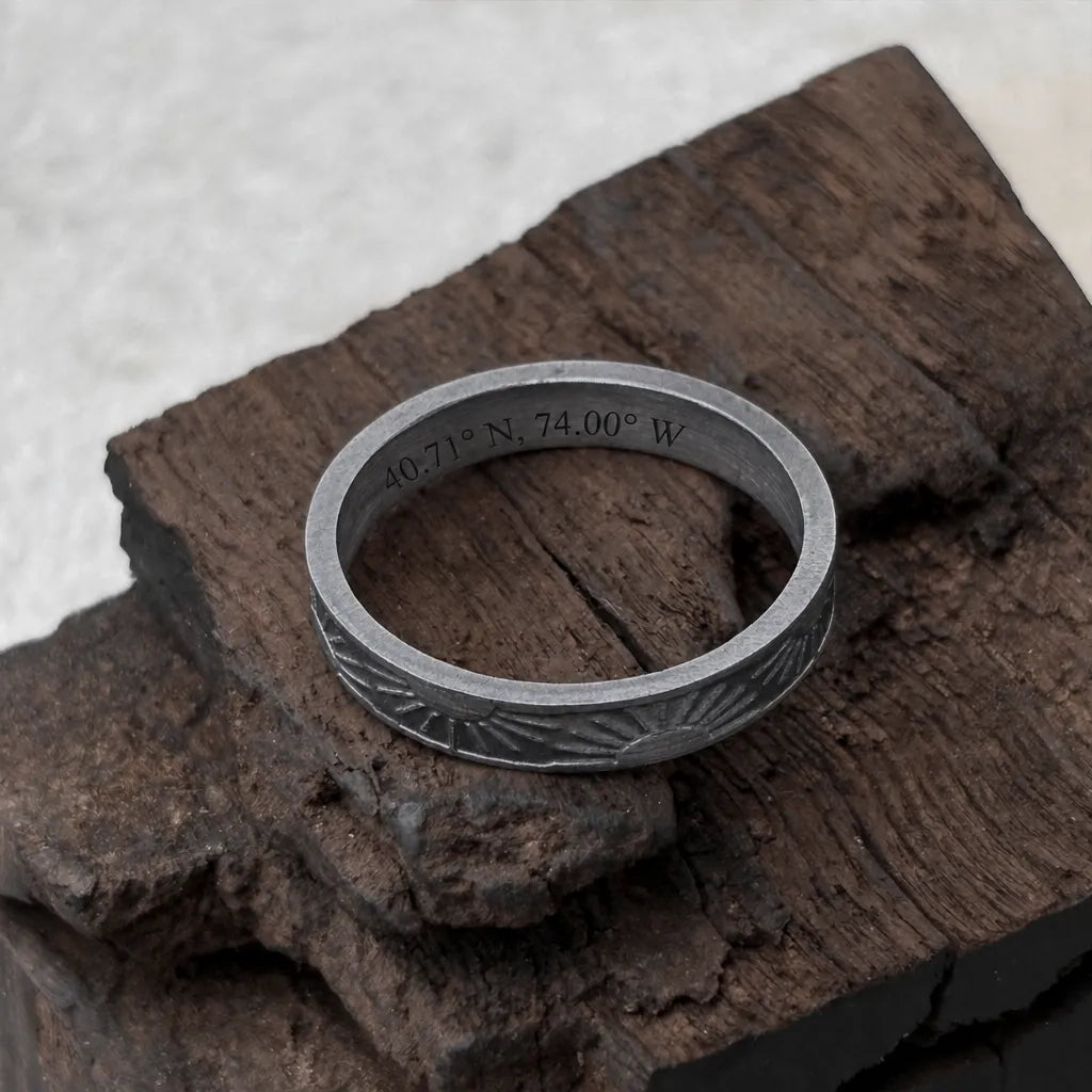 Unisex Sunrise Engraved Solid 925 Sterling Silver Ring-Personalized Memory Band, Wedding Bands