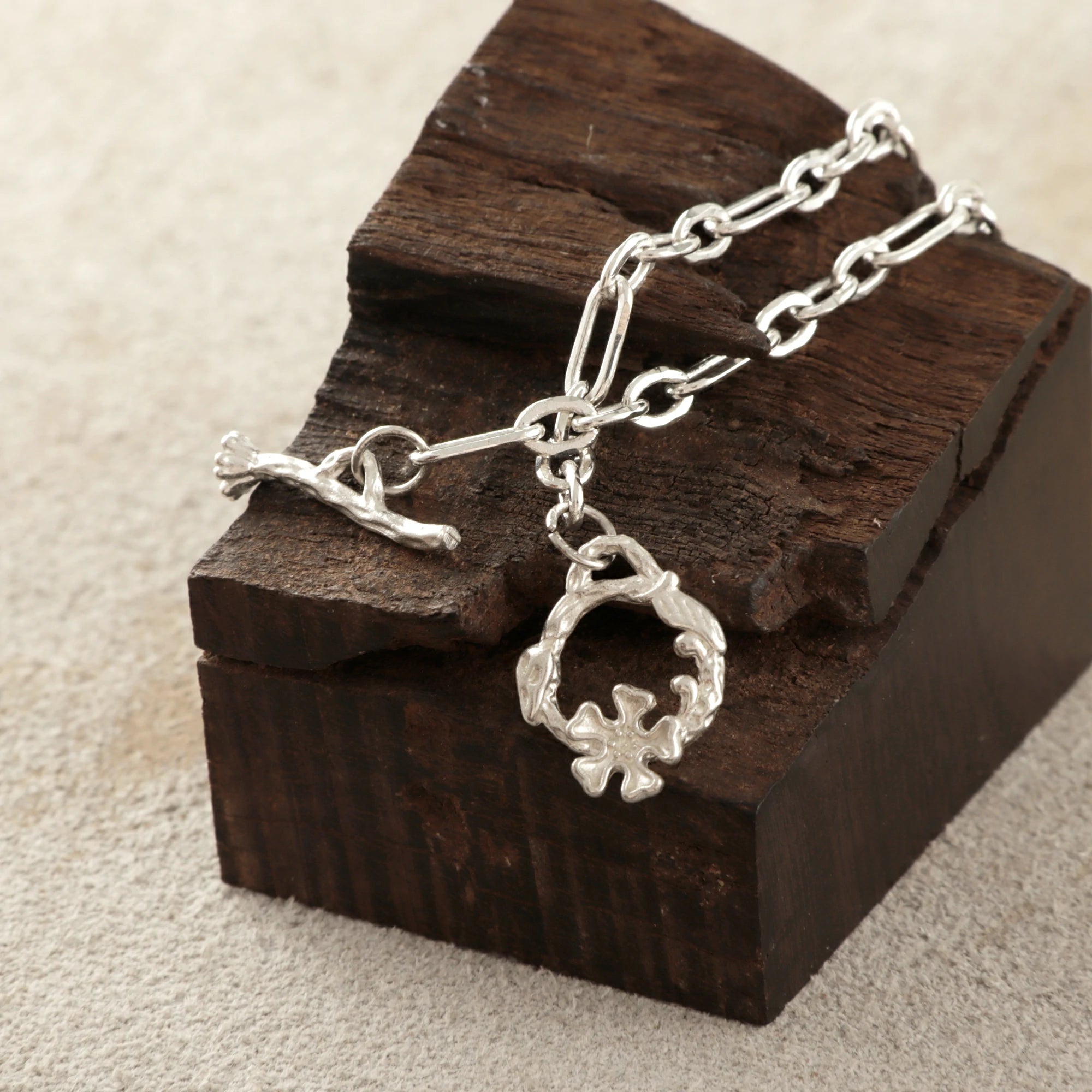 925 Sterling Silver Floral Branch Toggle Clasp Durable Link Chain Bracelet