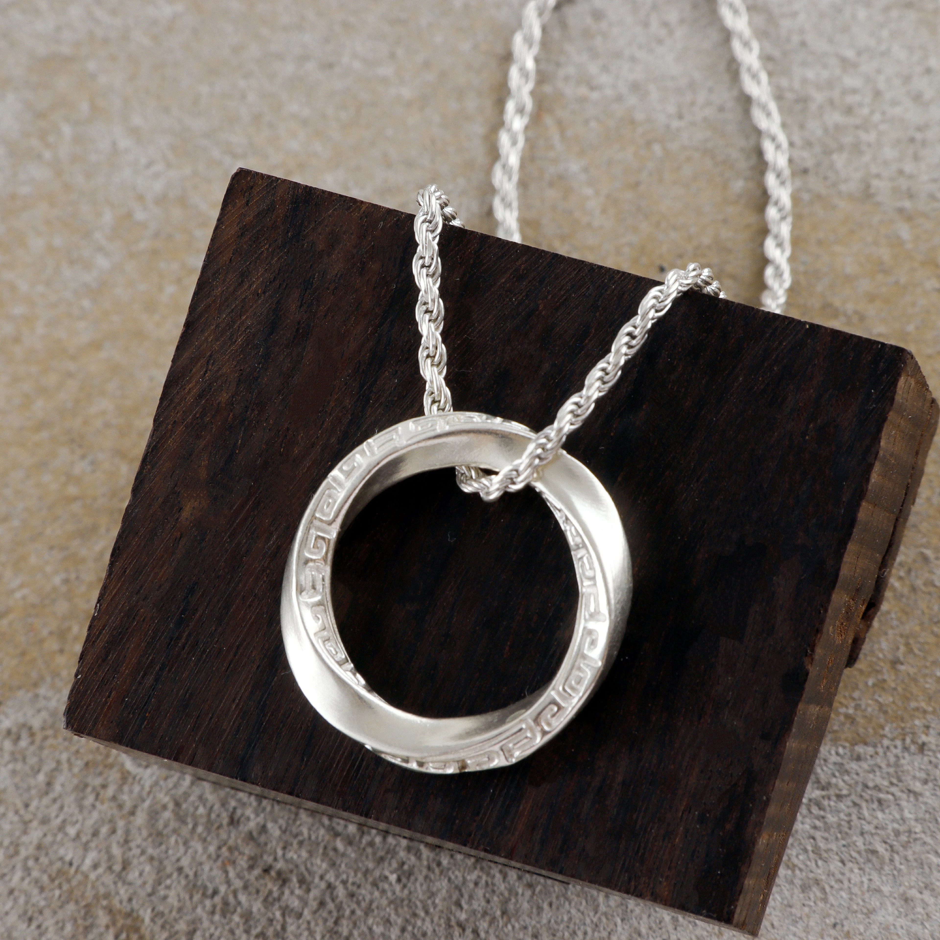 925 Sterling Silver Mobius Ring Pendant Necklace, Vintage Greek Key Eternity Jewelry