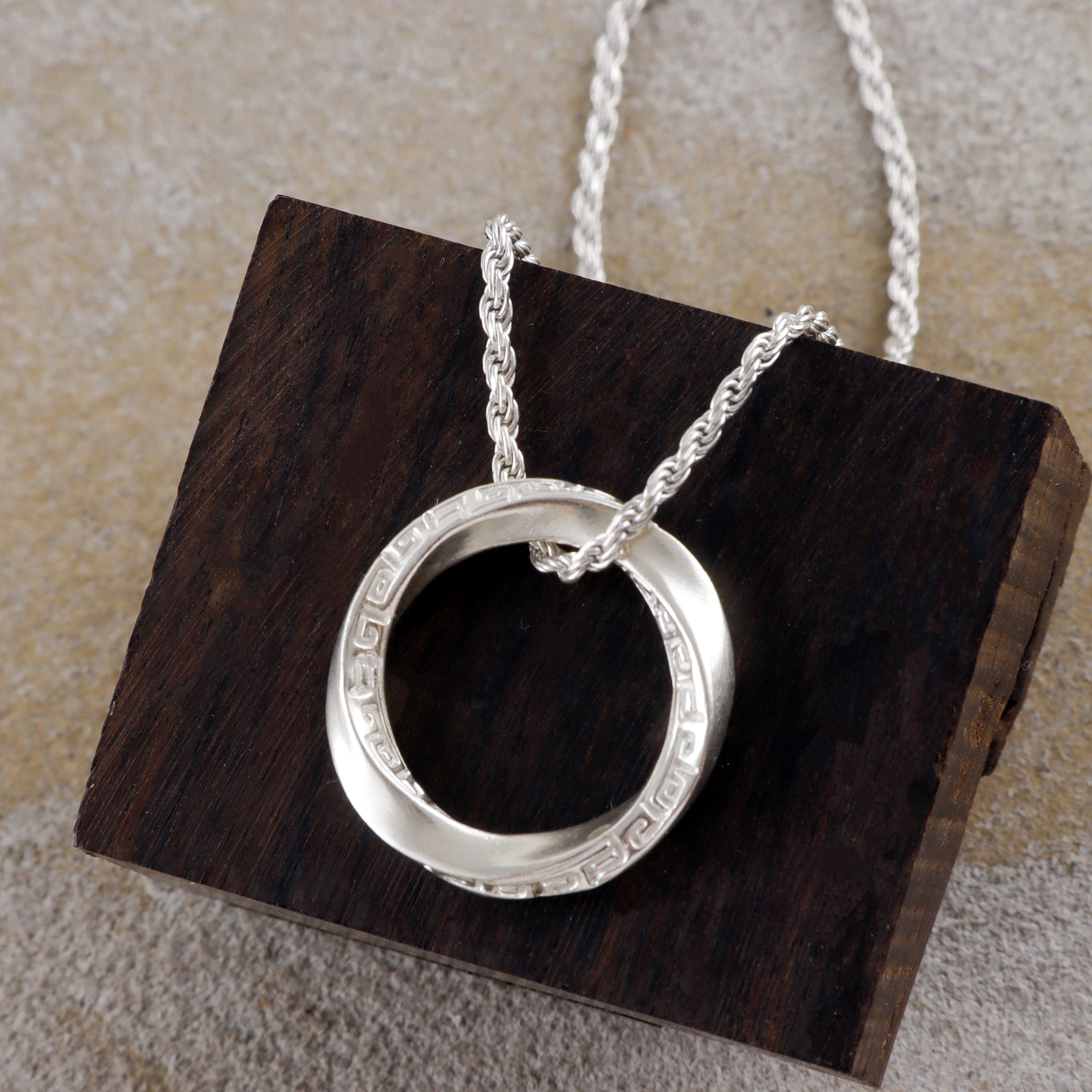 925 Sterling Silver Mobius Ring Pendant Necklace, Vintage Greek Key Eternity Jewelry