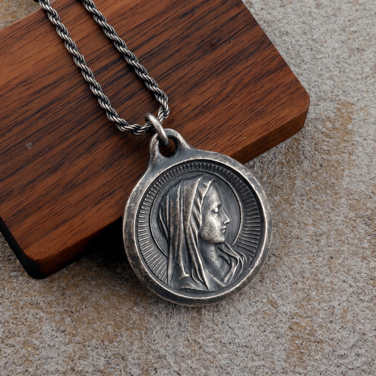 925 Sterling Silver Virgin Mary Medal Pendant, Vintage Religious Madonna Necklace