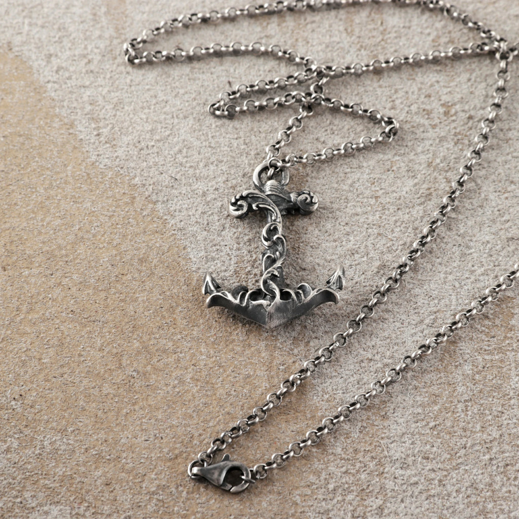 925 Sterling Silver Vintage Anchor Pendant Necklace, Baroque Nautical Sailor Charm Jewelry