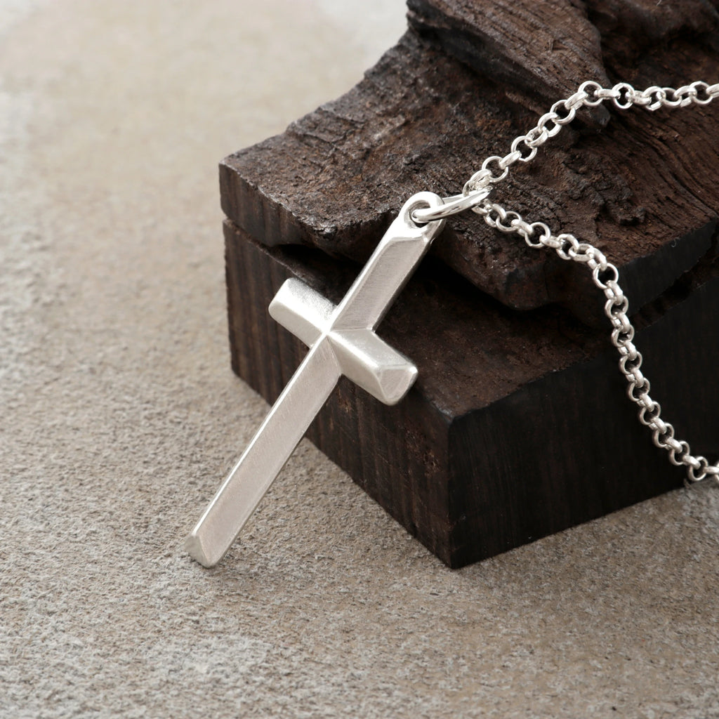 925 Sterling Silver Beveled Holy Cross Durable Custom Engravable Faith Pendant Necklace