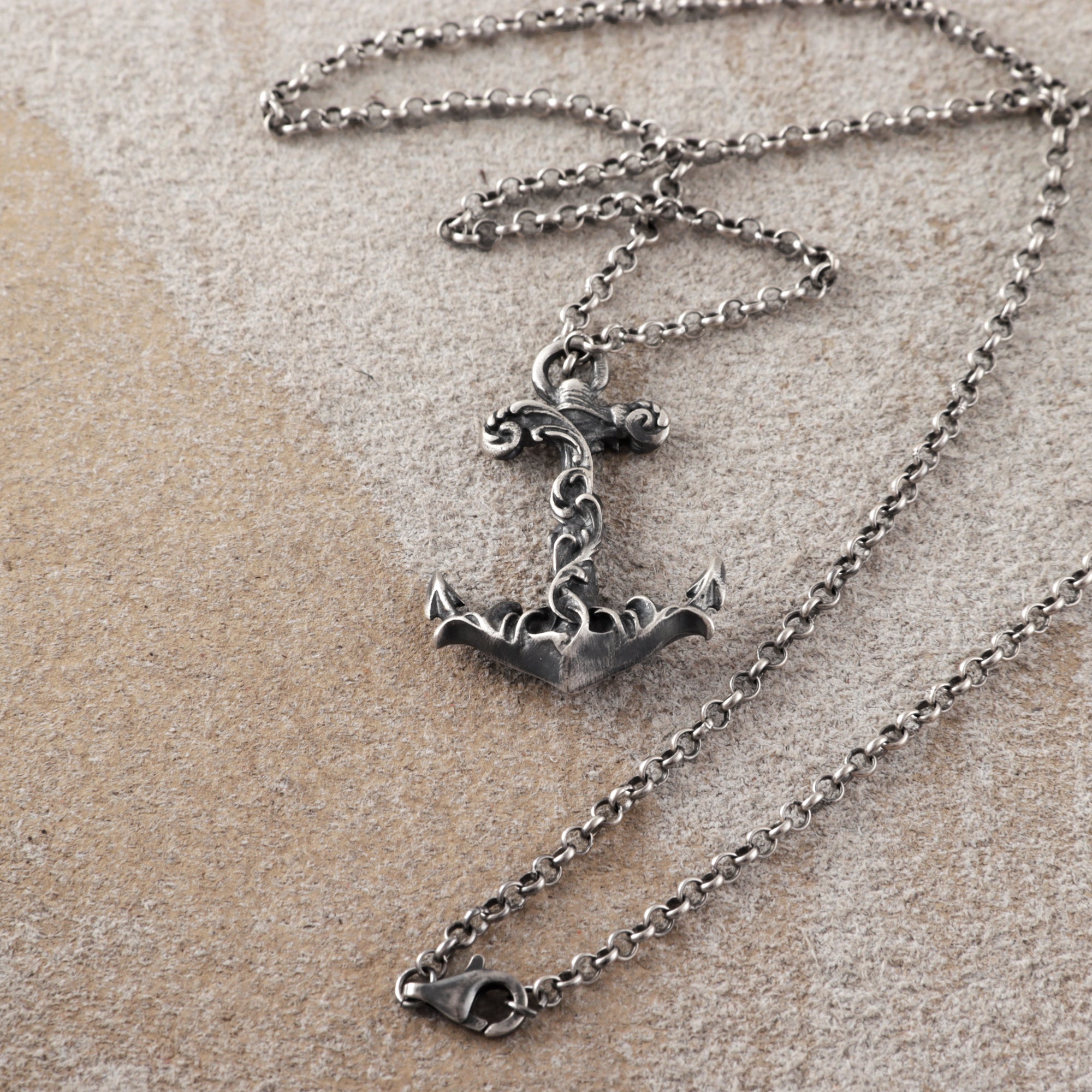 925 Sterling Silver Vintage Anchor Pendant Necklace, Baroque Nautical Sailor Charm Jewelry