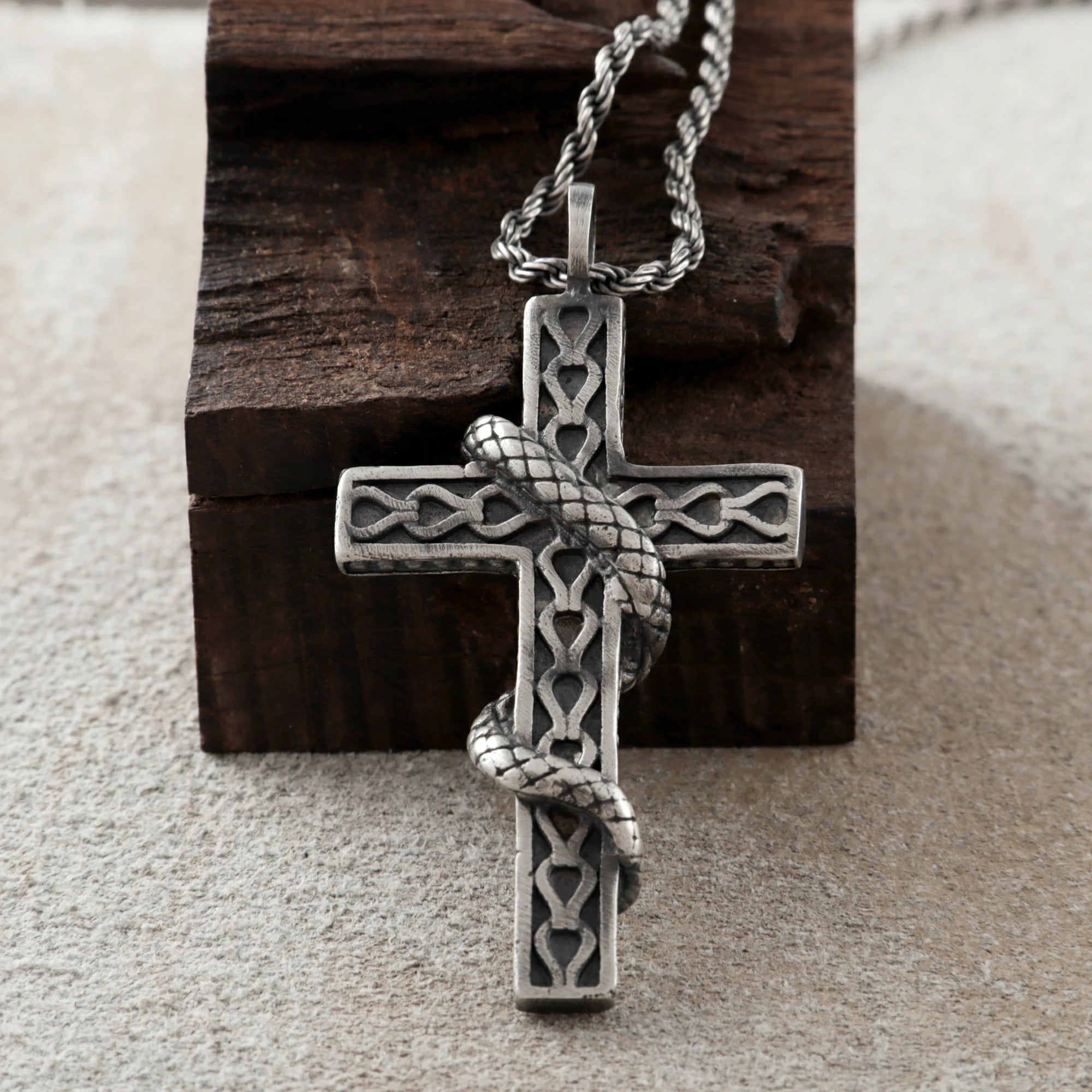 925 Sterling Silver Holy Snake Cross Durable Spiritual Faith Pendant Necklace