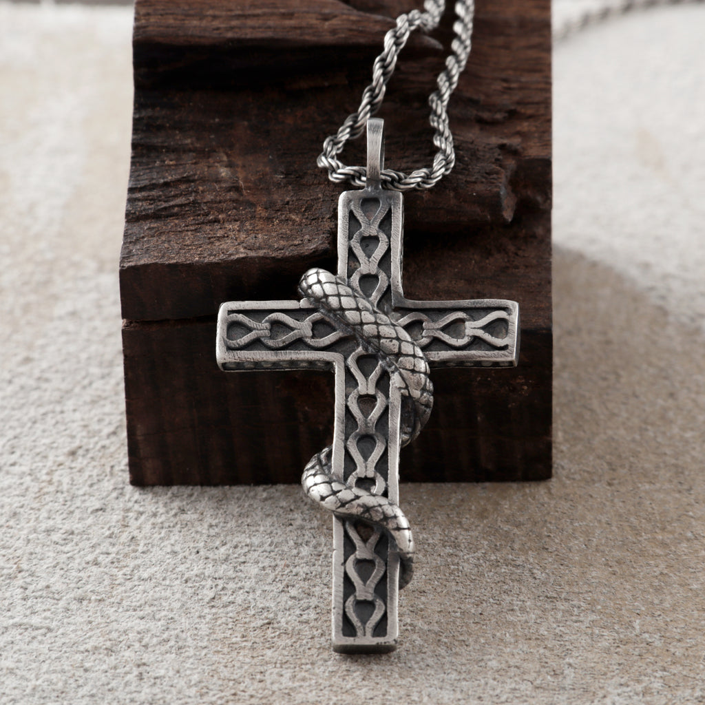 925 Sterling Silver Holy Snake Cross Durable Spiritual Faith Pendant Necklace