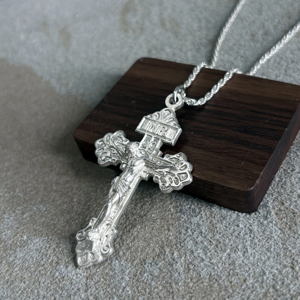 Divine Redemption INRI Crucifix, Solid 925 Sterling Silver Baroque Faith Necklace
