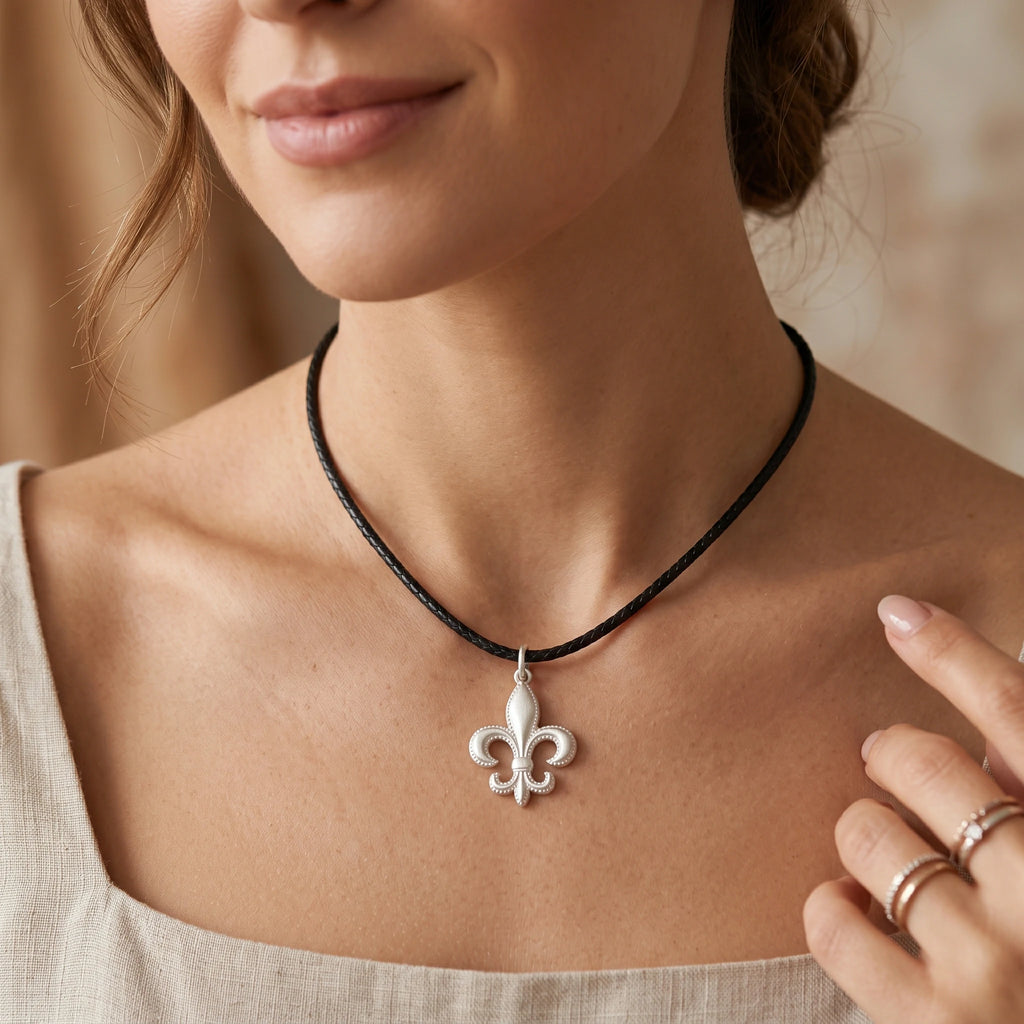 925 Sterling Silver Fleur-de-Lis Pendant Necklace, Vintage Beaded Lily Jewelry