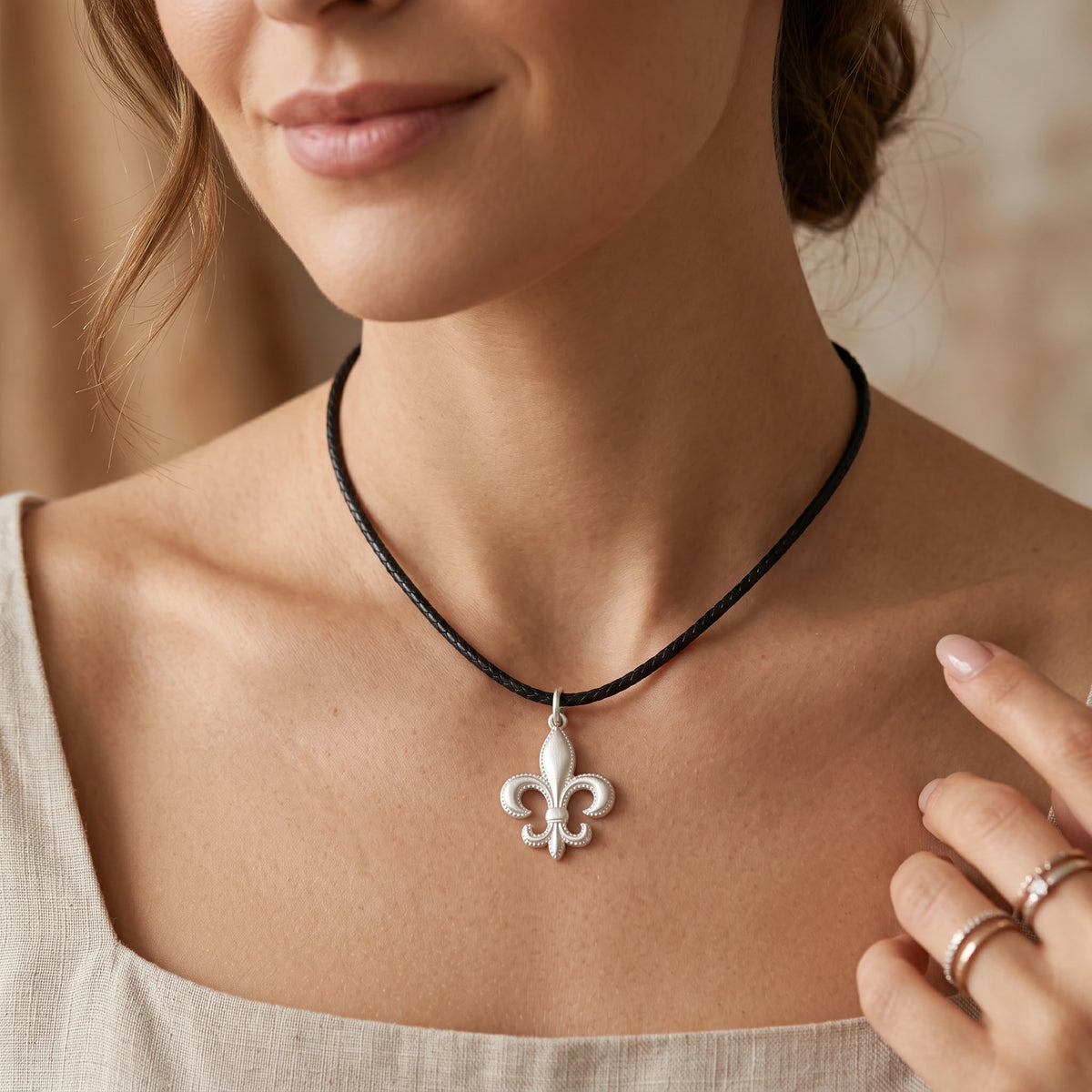 925 Sterling Silver Fleur-de-Lis Pendant Necklace, Vintage Beaded Lily Jewelry