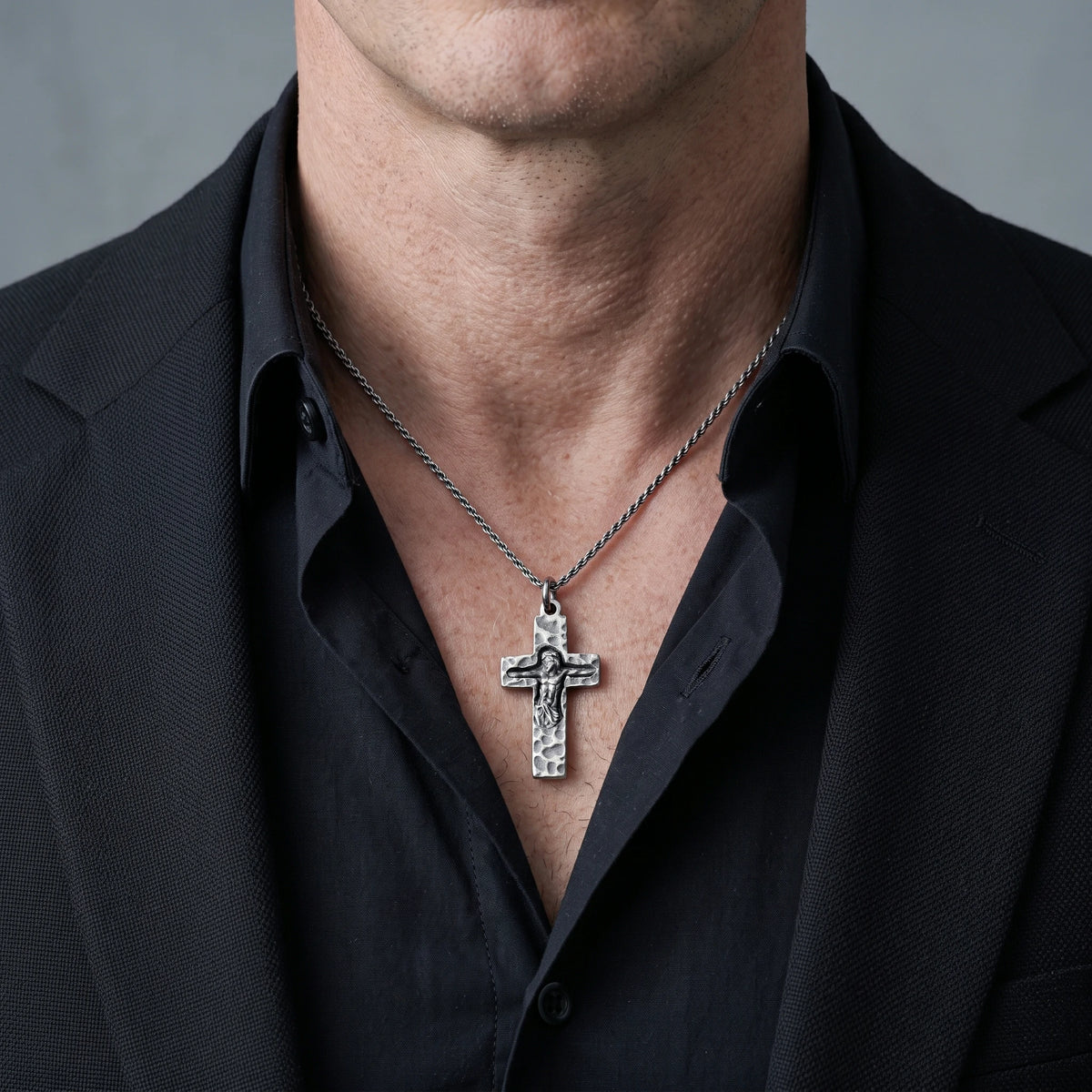 Rock of Ages Sunken Crucifix, Heavy Hammered 925 Sterling Silver Faith Necklace