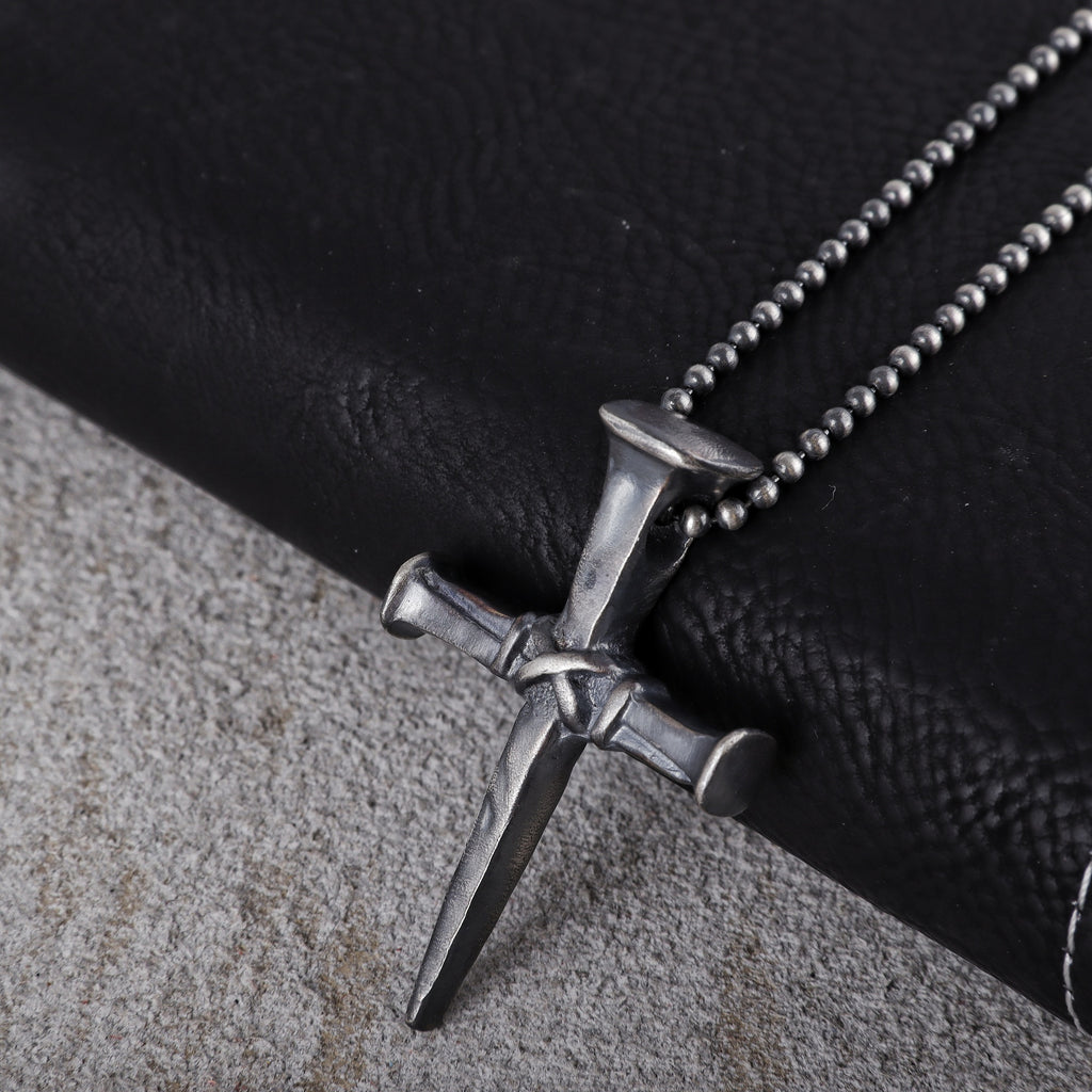 Sacred Grace Crucifixion Nails Cross Necklace, Oxidized 925 Sterling Silver Devotional Faith Pendant