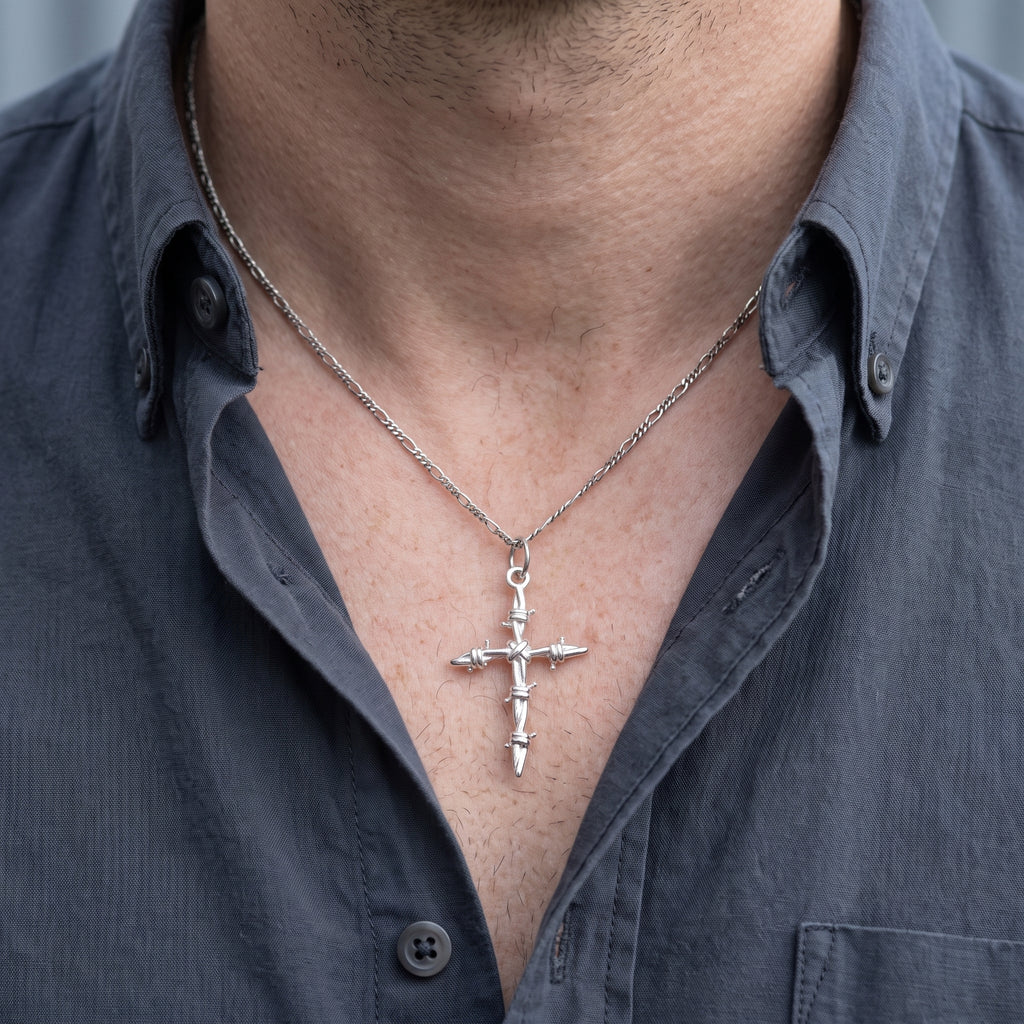 Sacred Thorns Crown Cross, Solid 925 Sterling Silver Devotional Figaro Necklace
