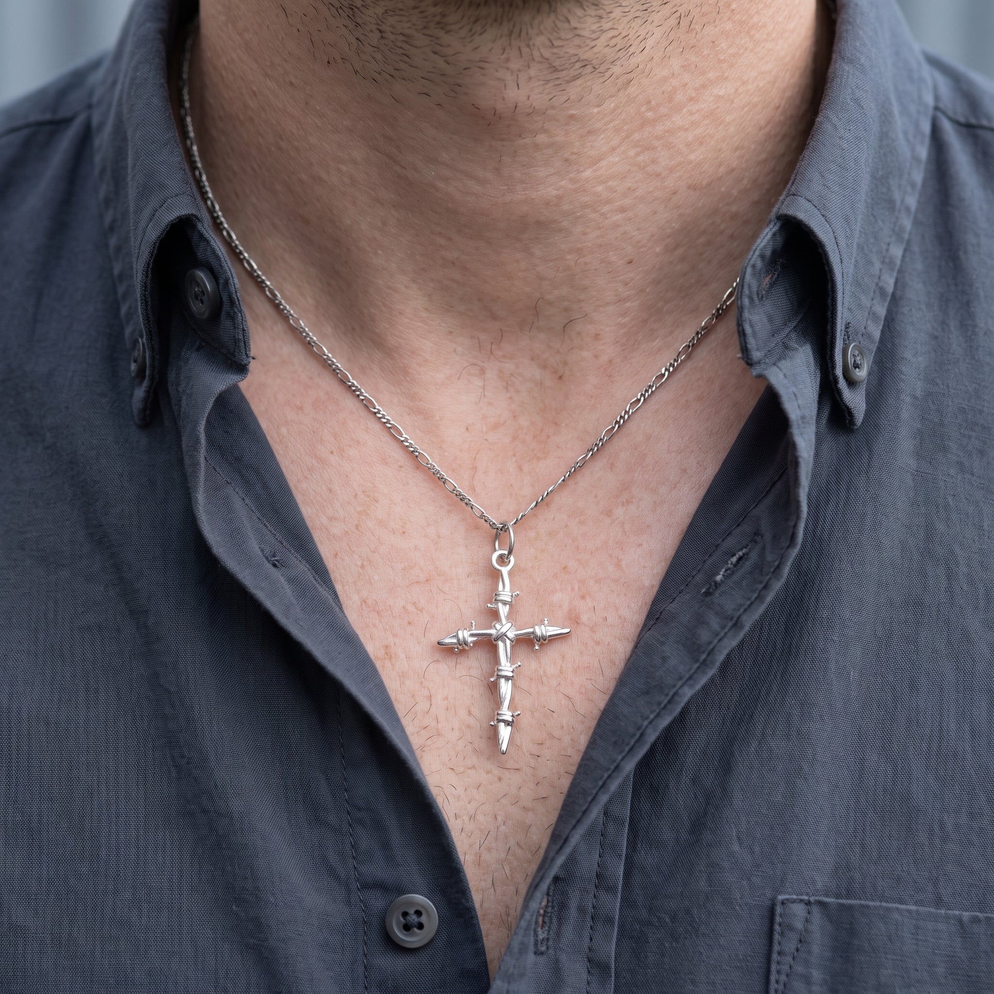 Sacred Thorns Crown Cross, Solid 925 Sterling Silver Devotional Figaro Necklace