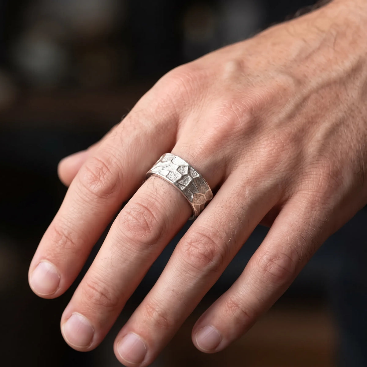 Personalized Textured Solid 925 Sterling Silver Ring, Engraved Rustic Band for Men