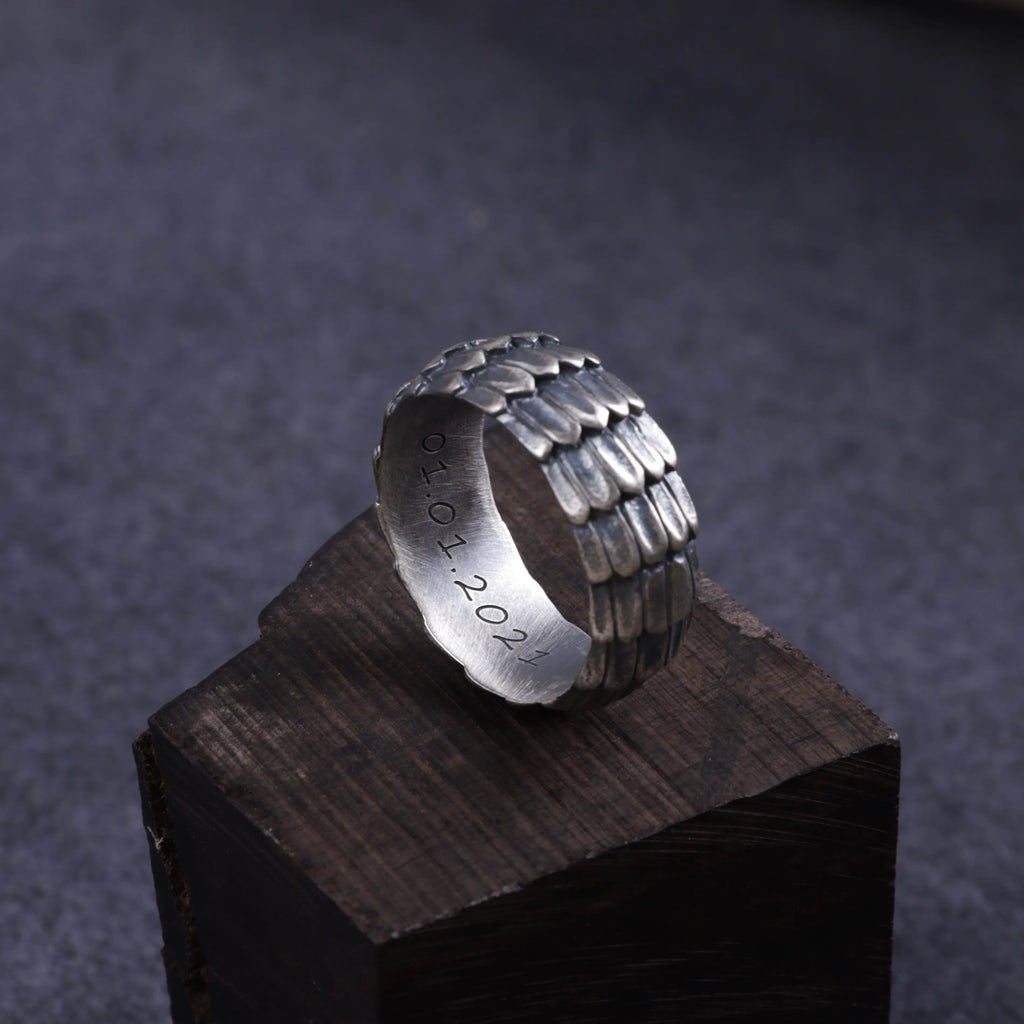 Men's Dragon Scale Ring, Personalized 925 Sterling Silver Band for Men, Custom Engraved Armor Promise Ring Gift