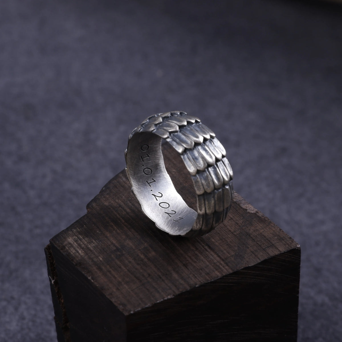 Men's Dragon Scale Ring, Personalized 925 Sterling Silver Band for Men, Custom Engraved Armor Promise Ring Gift