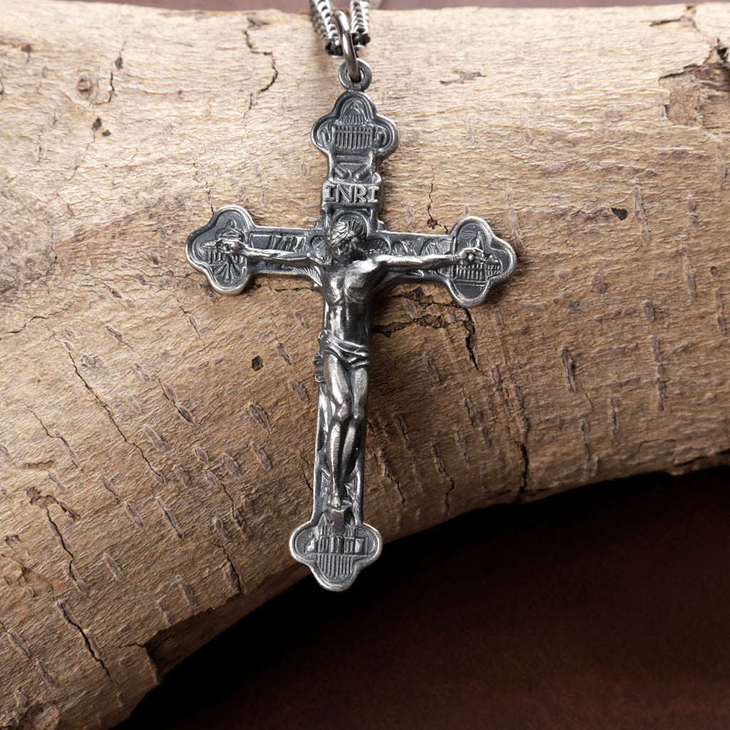Engraved 925 Silver Crucifix Necklace, Faith & Strength Christian Gift for Men